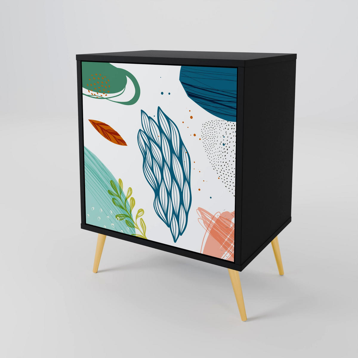 SIDEBOARD BOTANICAL HURRICANE, Schwarz, 57,5x42x67,5 cm, Schwarze Metall-Rahmenfüße - Multicolor/Schwarz, Holzwerkstoff/Metall (57.5/67.5/42cm) - SpaceRebels