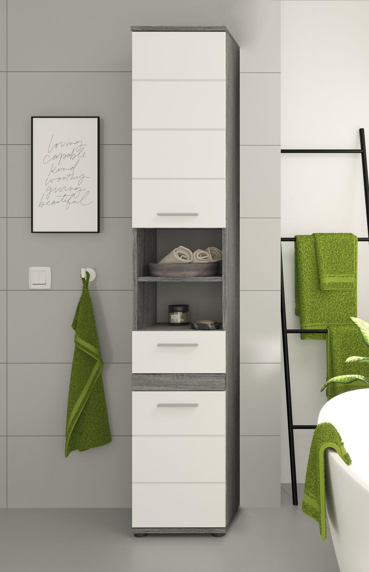 HOCHSCHRANK Blake Bad in Rauchsilber Nachbildung und weiß hochglanz B/H/T: 35x191x31 cm - Silberfarben, Holz (35/191/31cm)