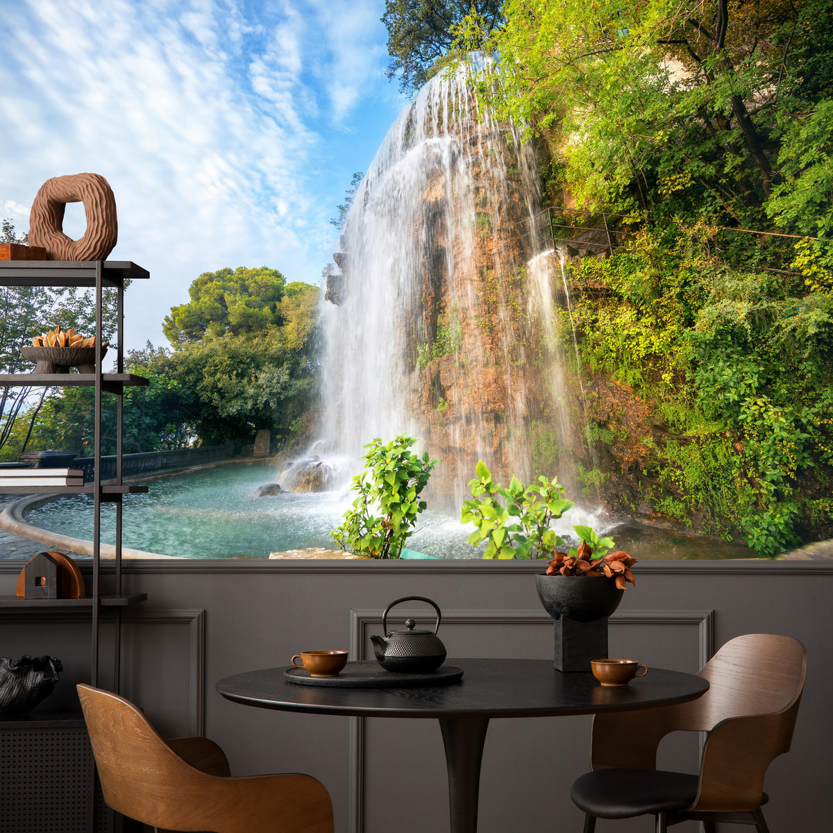 FOTOTAPETE für Wohnzimmer Wasserfall Nizza Felsen Pflanzen Bäume 400x280 - Blau/Beige, Papier (400/280cm) - Muralo