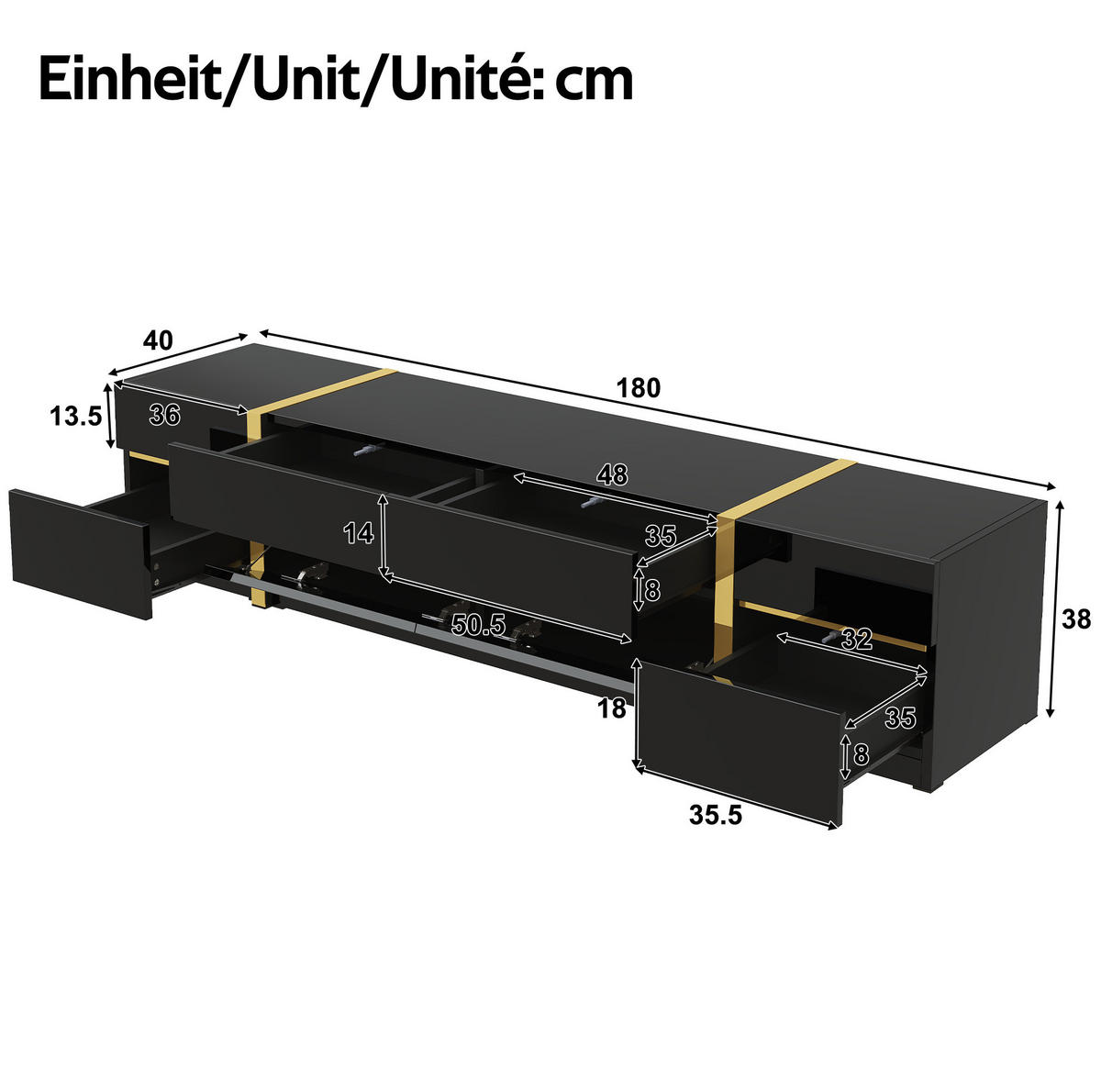 LOWBOARD 180/40/38 cm aus MDF und Holzwerkstoff mit Hochglanzfront und 4 Schubladen Schwarz - Schwarz, Holzwerkstoff (180/38/40cm) - Modenvie