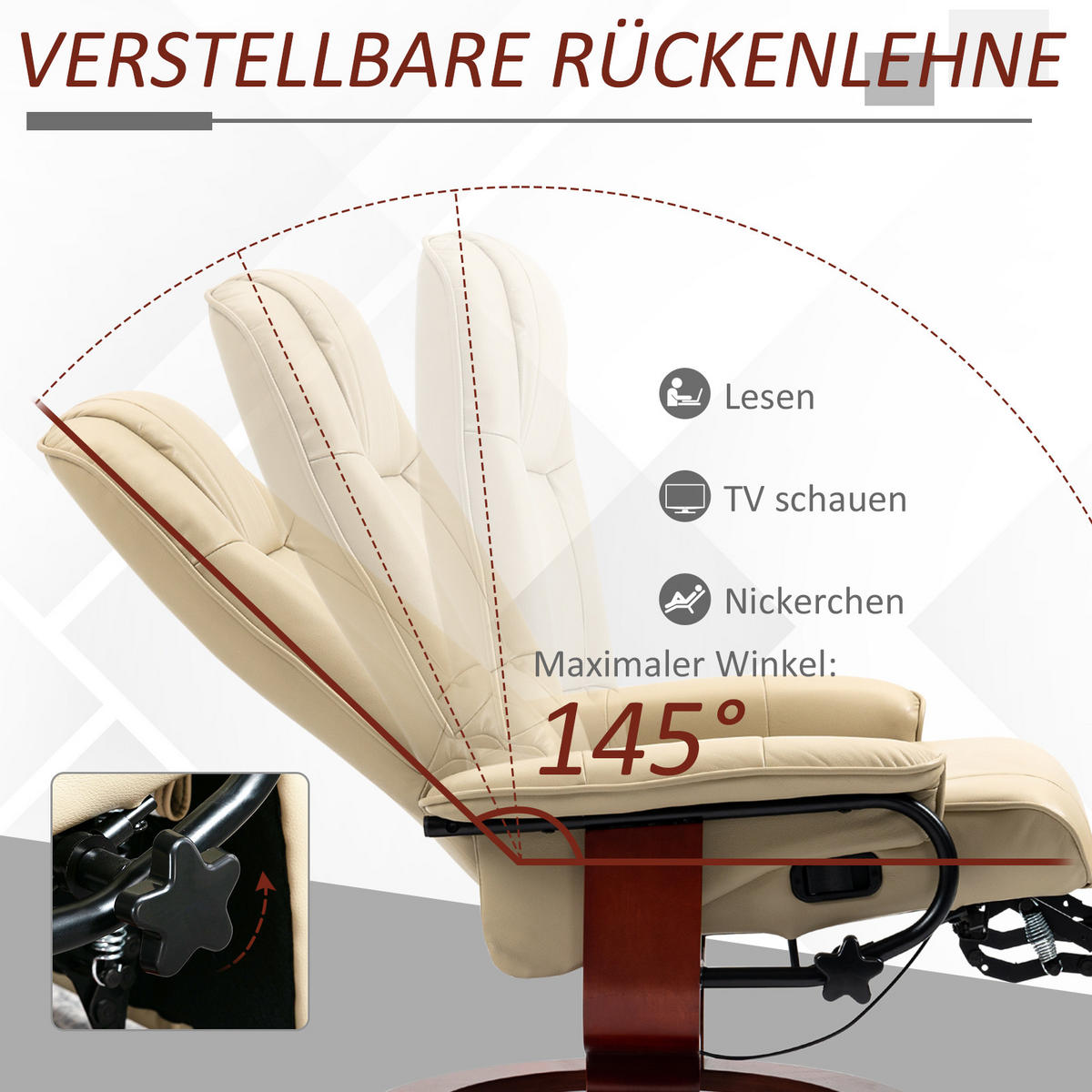 RELAXSESSEL Fernsehsessel mit Liegefunktion, Fußstütze für Wohnzimmer Creme - Creme/Braun, Leder/Holz (87/100/78cm) - HOMCOM