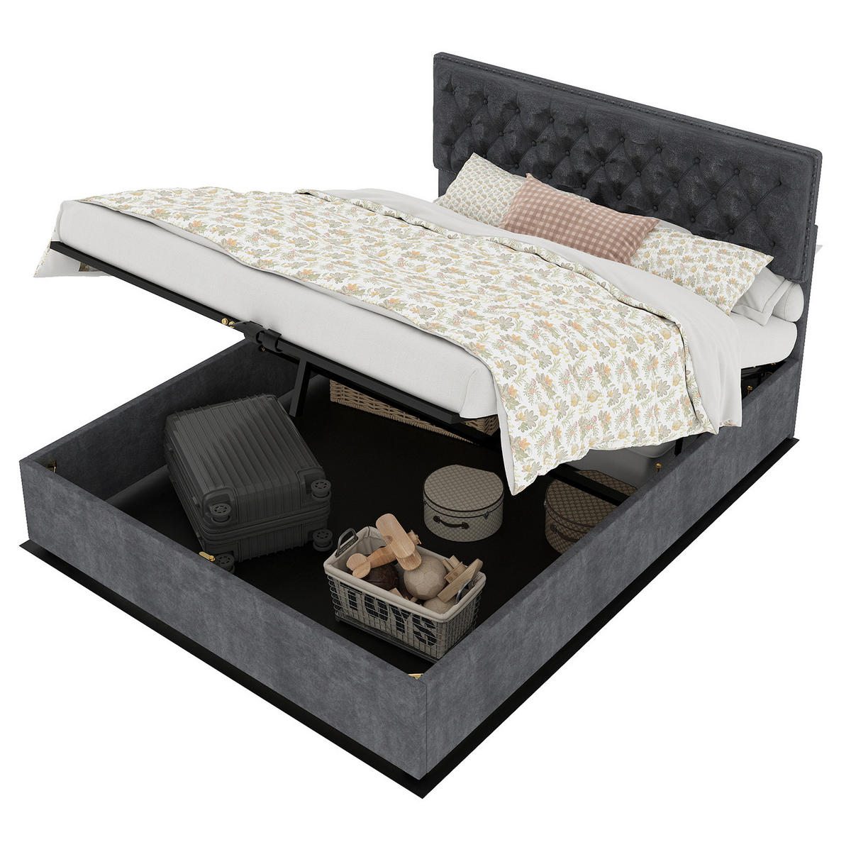 POLSTERBETT 140/200 cm mit hohem Kopfteil, Holzlattenrost und Stauraum unter dem Bett, Grau - Grau, Textil (140/200cm) - Redom