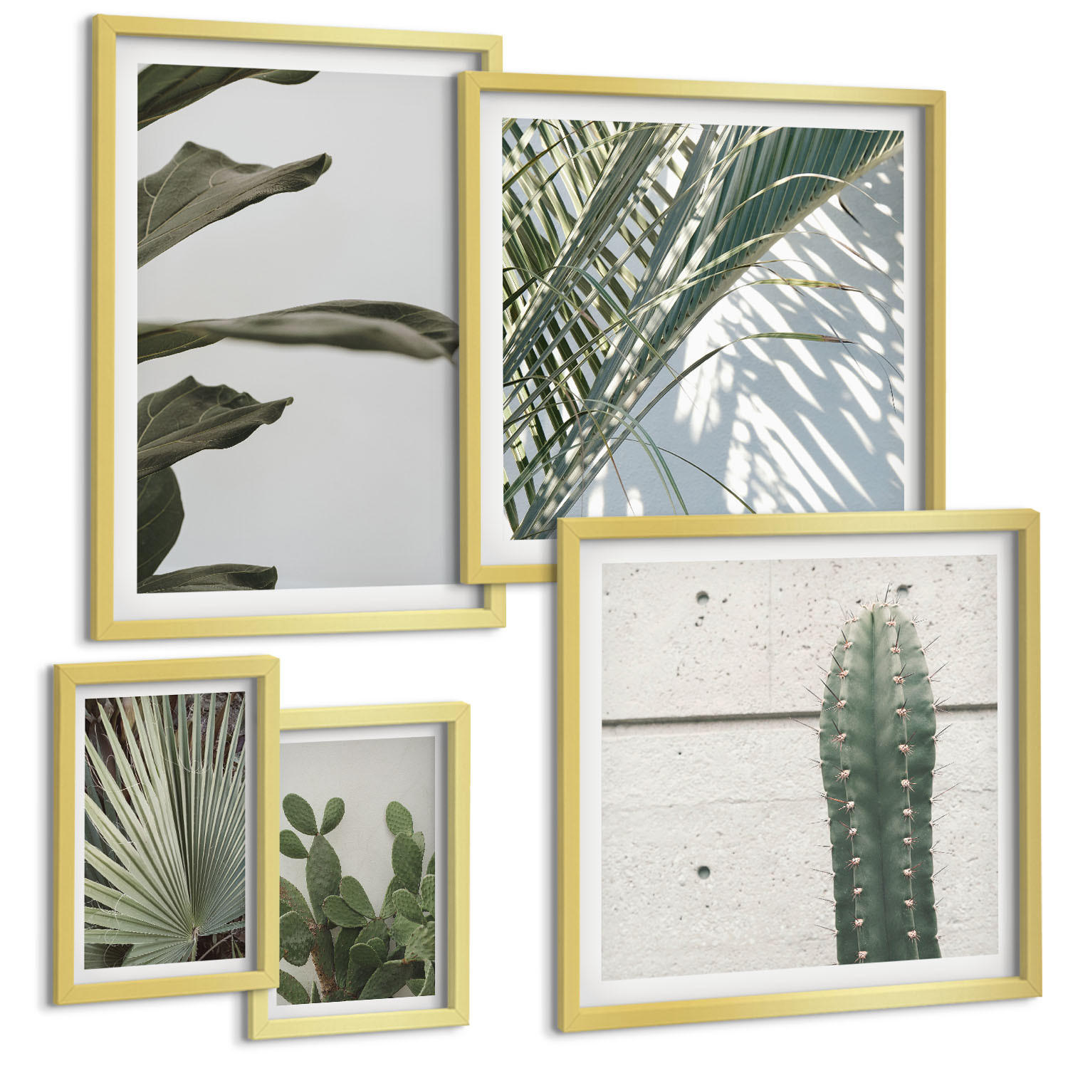 BILDER SET 5er Set - 50x50 cm & 20x30 cm & 40x60 cm Goldrahmen - Blätter tropischer Pflanzen in Pastellfarben - Goldfarben, Kunststoff (40/60cm) - TULUP