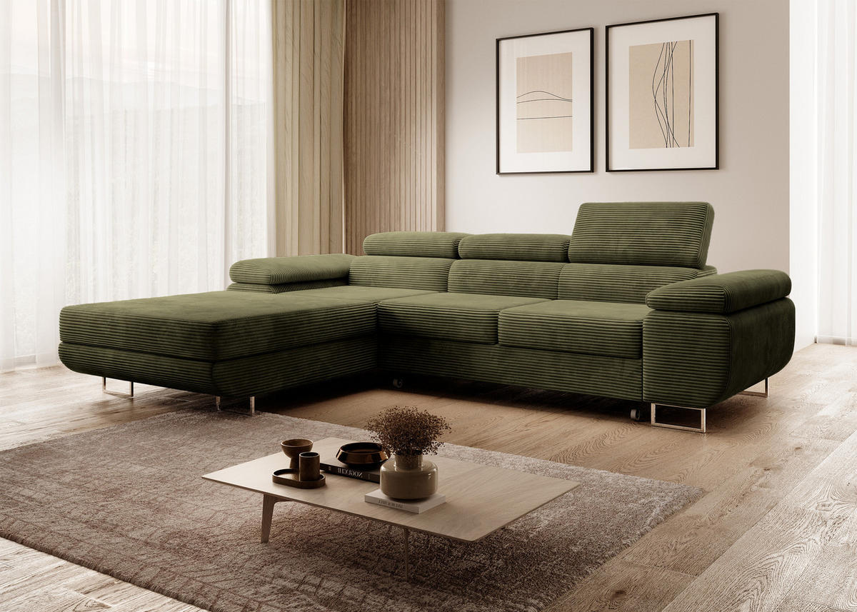 ECKSOFA Ganta Olivgrün Cordbezug - Silberfarben/Olivgrün, Textil/Metall (275/202cm) - Selsey