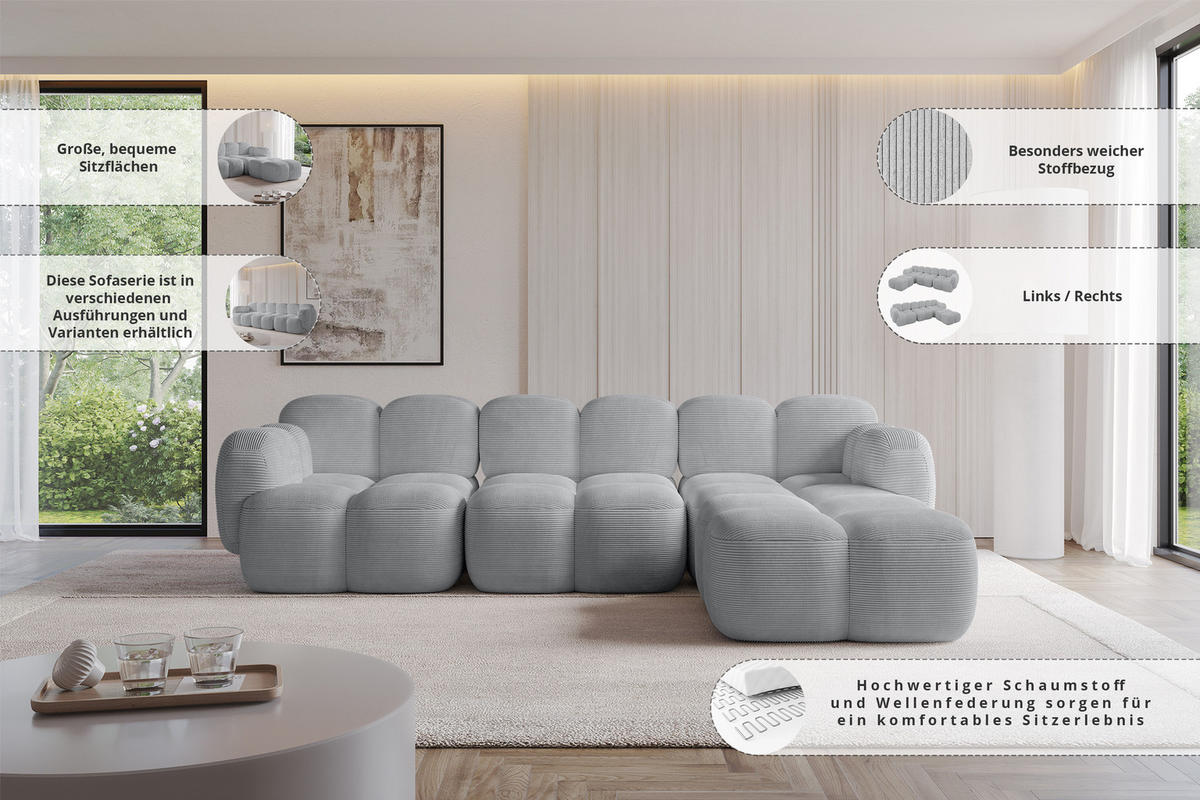 ECKSOFA modulares Sofa Rechts Miko-L2 302x205x75 Braun Bouclé - Dunkelbraun/Schwarz, Holzwerkstoff/Kunststoff (302/205cm) - ALTDECOR