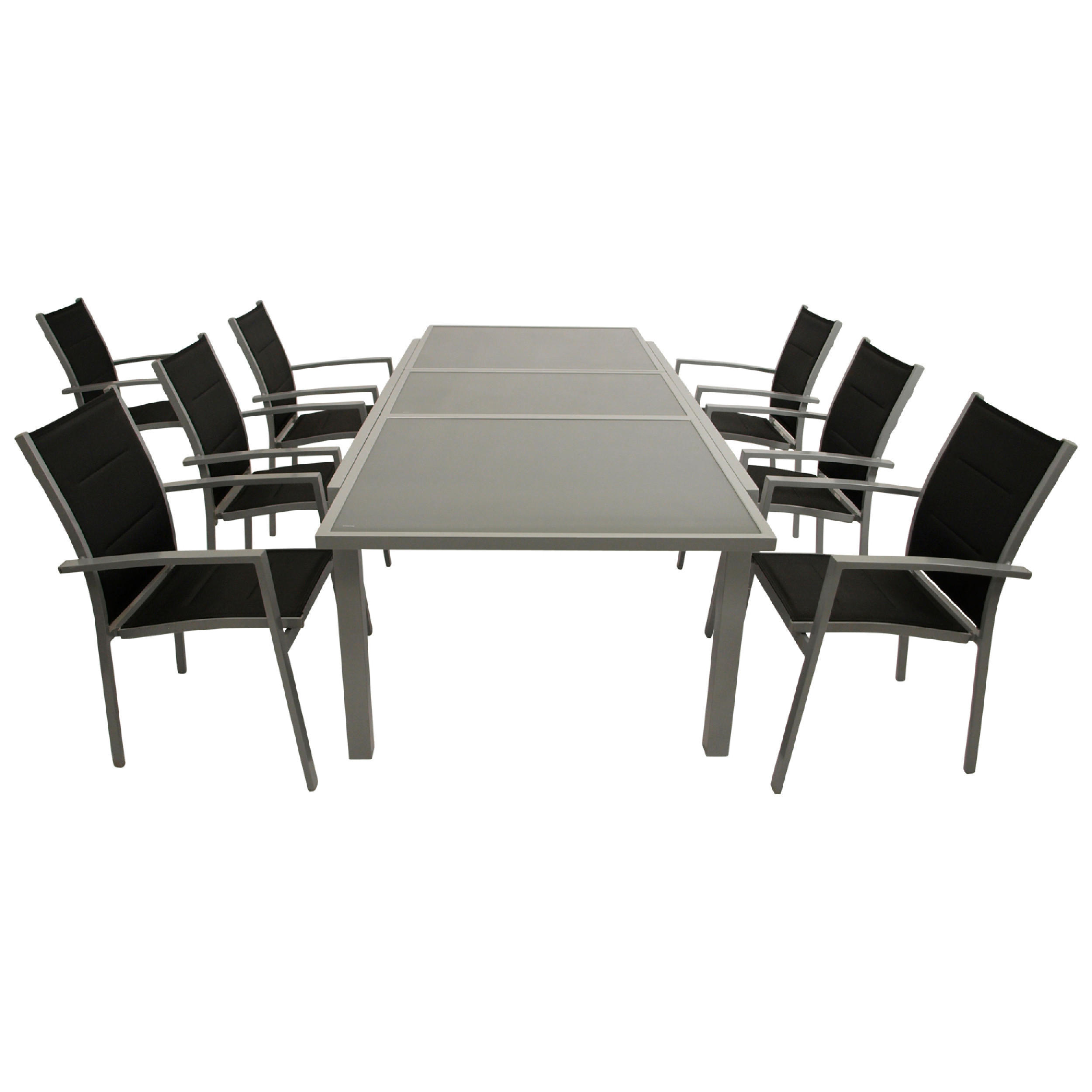 GARTEN-GARNITUR Ashford - 7-teilige Garten-Essgruppe (6x Stapelsessel mit Aluminiumgestell, Bespannung Textillehne schwarz, Ausziehtisch - Schwarz, Metall - TPFGarden