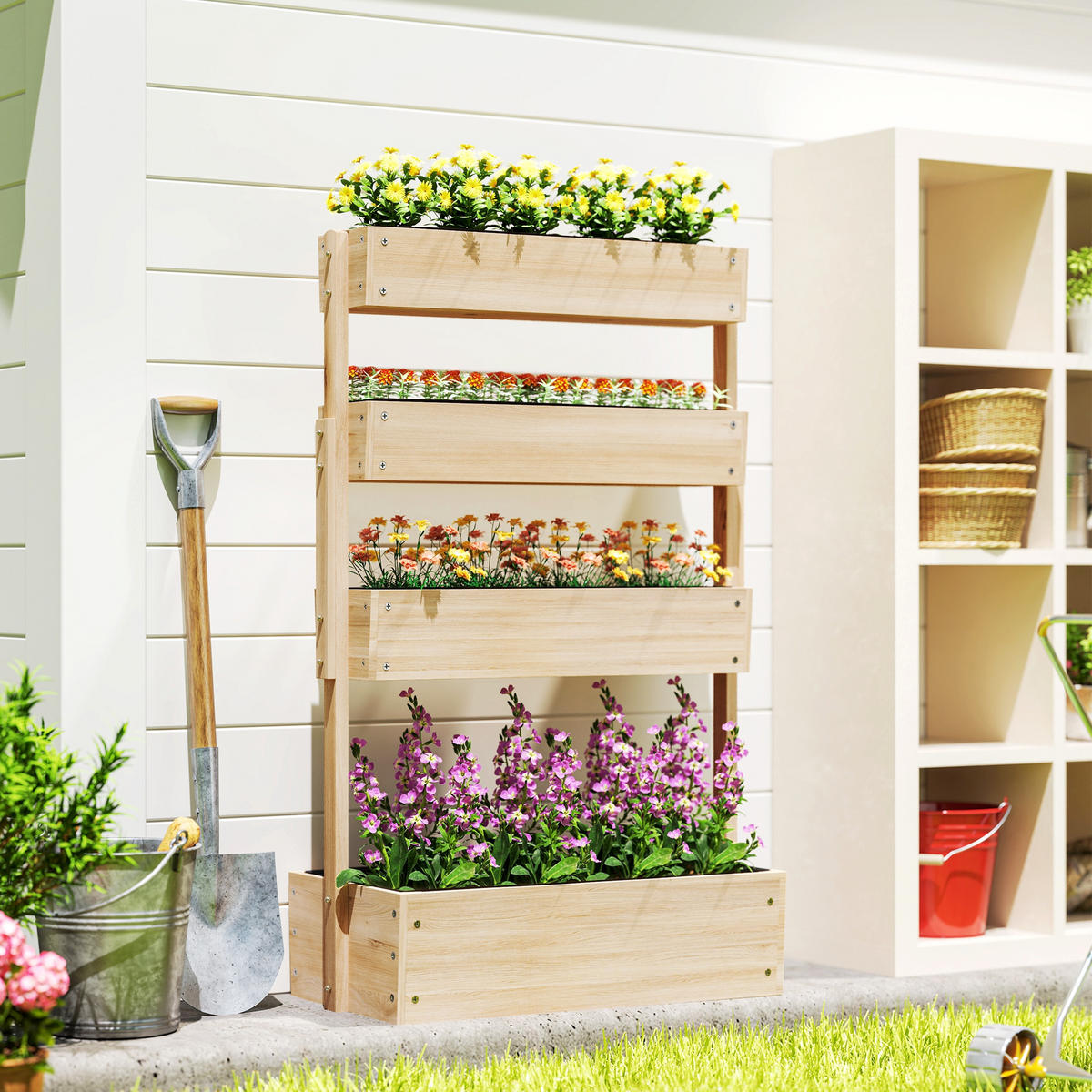 HOCHBEET Holz, 4 Ebene Pflanzbeet mit Entwässerungslöcher Frühbeet Gartenbeet - Hellgelb, Holz (45/140/88.5cm) - Outsunny