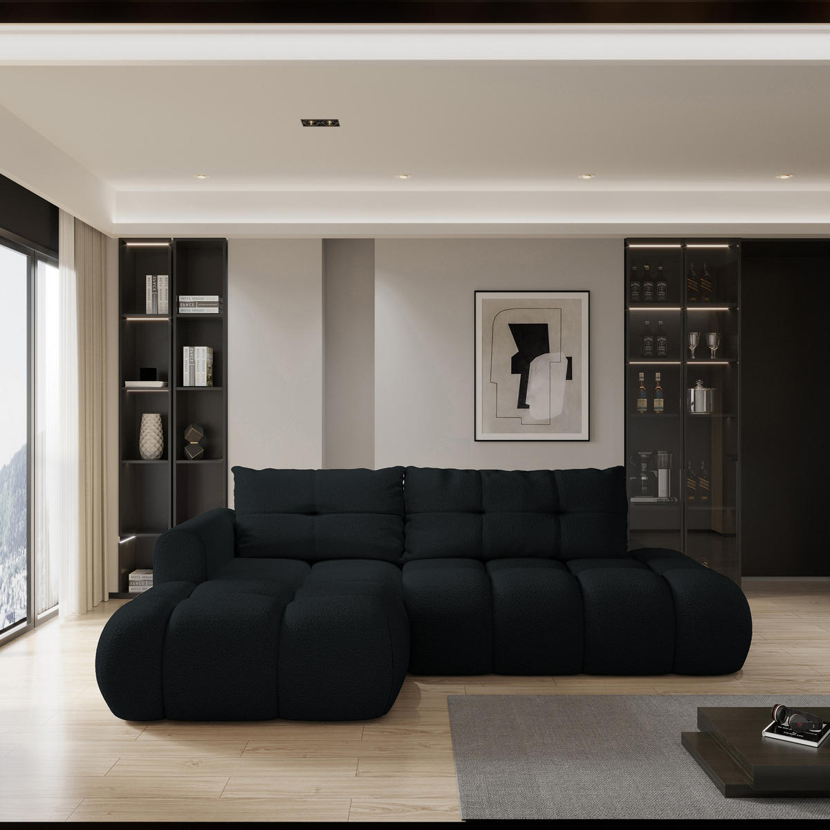 ECKSOFA FLUMA L-S Schwarz Boucle-Stoff mit Schlaffunktion - Schwarz, Holz (274/165cm) - MASSENO