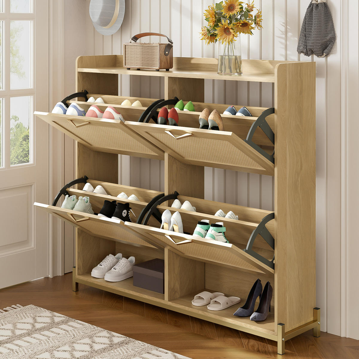 SCHUHSCHRANK Holz Rattantüren 4 Türen Metallrahmen Regal - Hellbraun, Holzwerkstoff (24/100/108.5cm) - FLIEKS