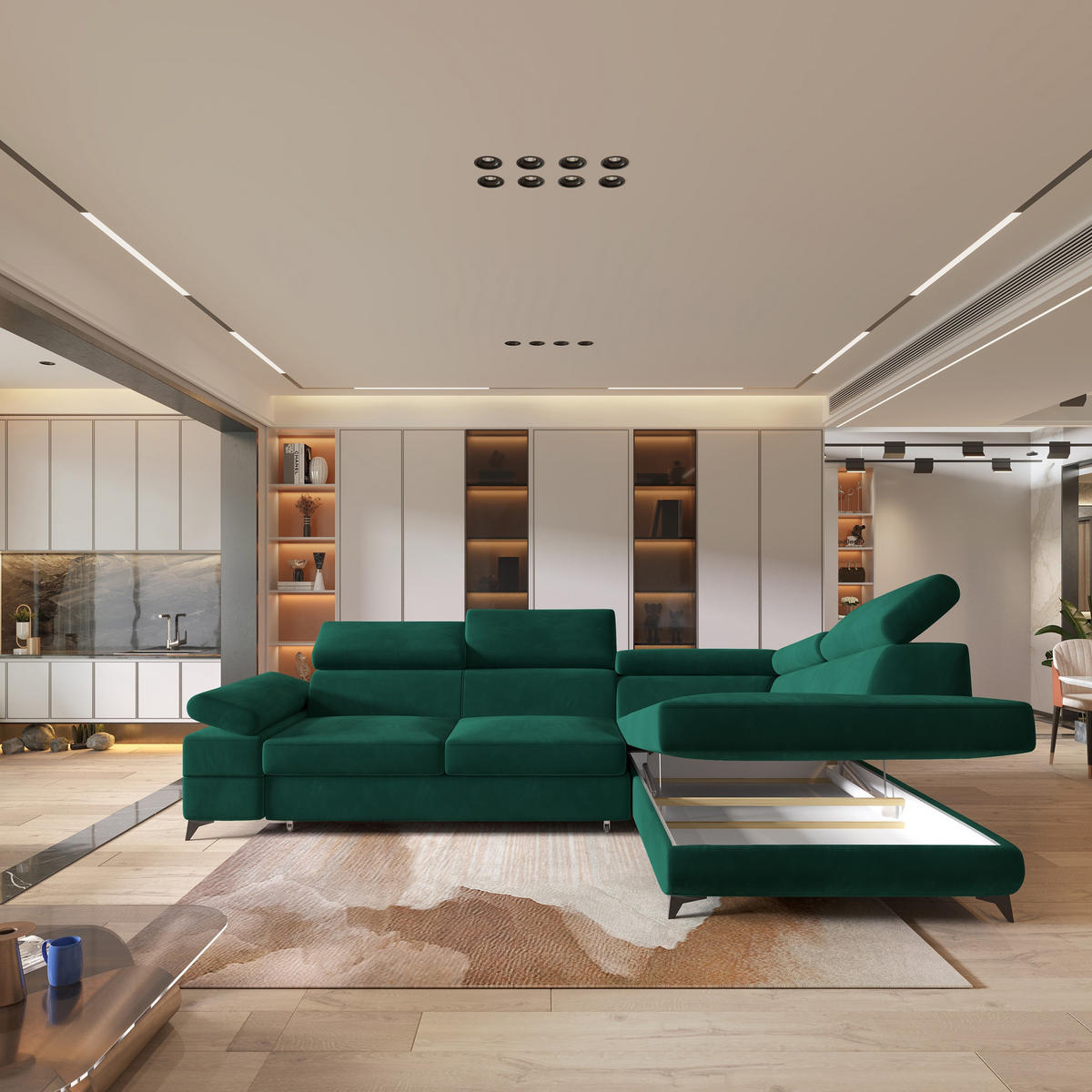 ECKSOFA FAVIEN R-S Grün Velours-Stoff mit Schlaffunktion - Grün, Holz (257/190cm) - MASSENO