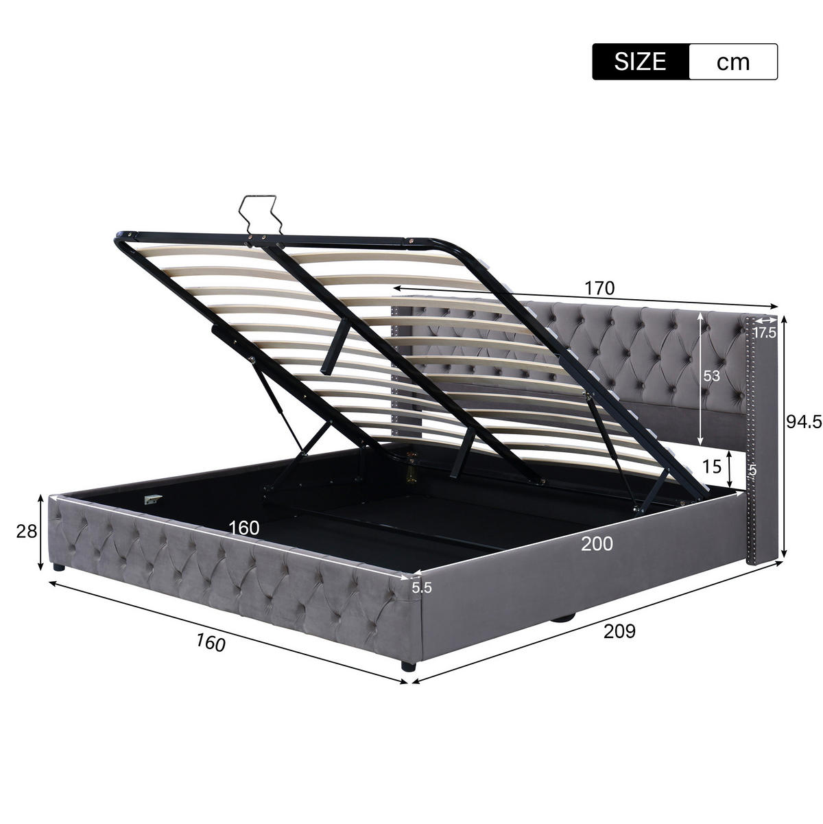 POLSTERBETT mit Bettkasten 160x200 cm Samt Grey - Grau, Metall (160/200cm) - Meubliv
