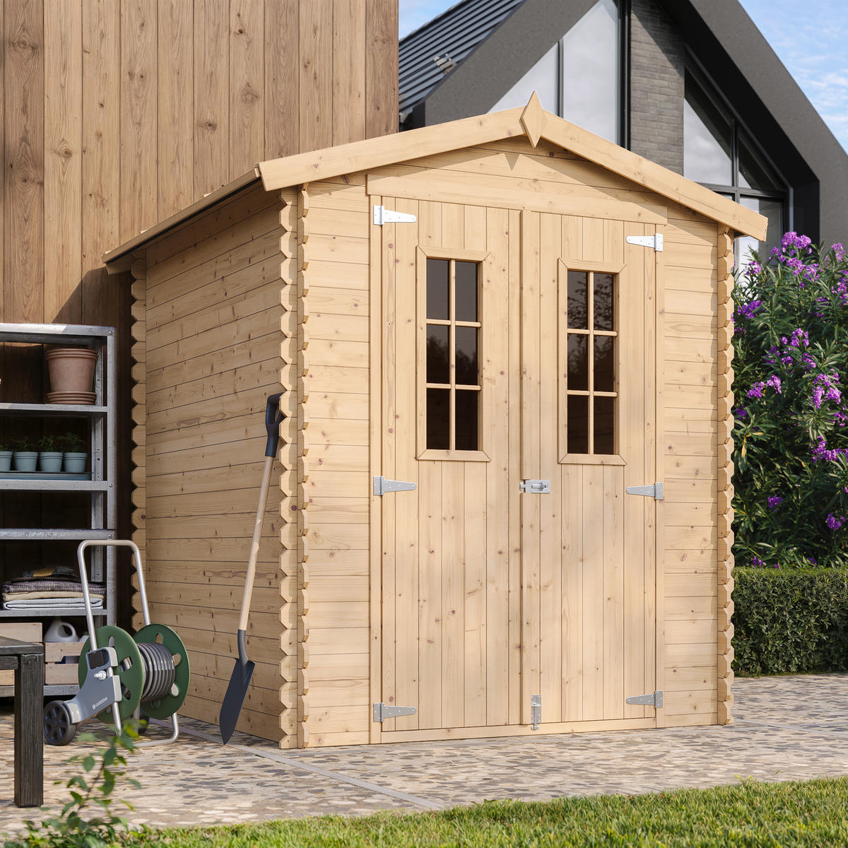 GARTENHAUS aus Holz mit Boden - B196xL186xH218 cm/ 2,82 m2 - M320C+M320G - Beige, Holz (180/224/186cm) - Timbela