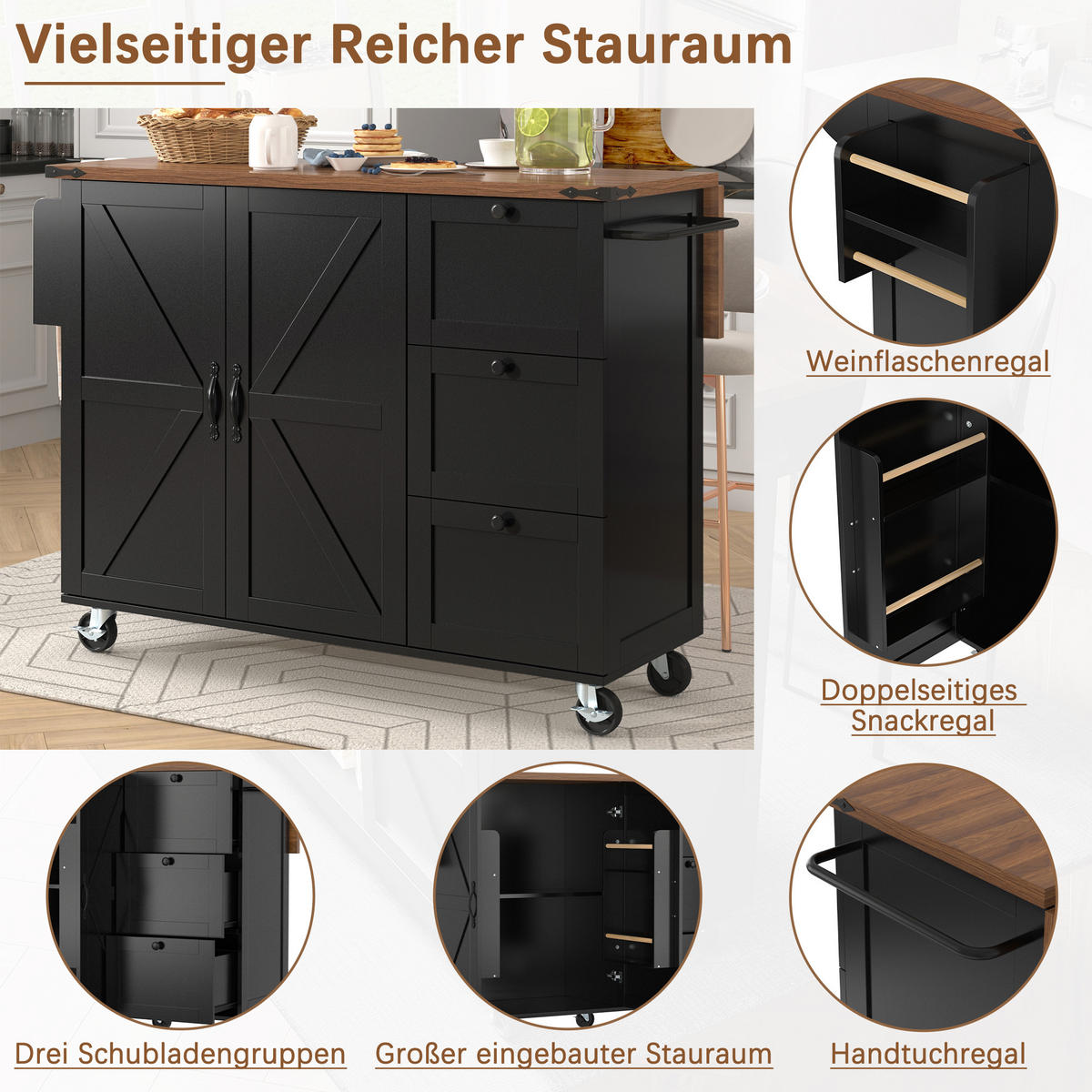 KÜCHENINSEL 140/73/92,5 cm Schwarz mit Klappplatte, 3 Schubladen, 2 Türen und Rollen - Schwarz, Holz/Holzwerkstoff (140/92.5/45cm) - Oxeza