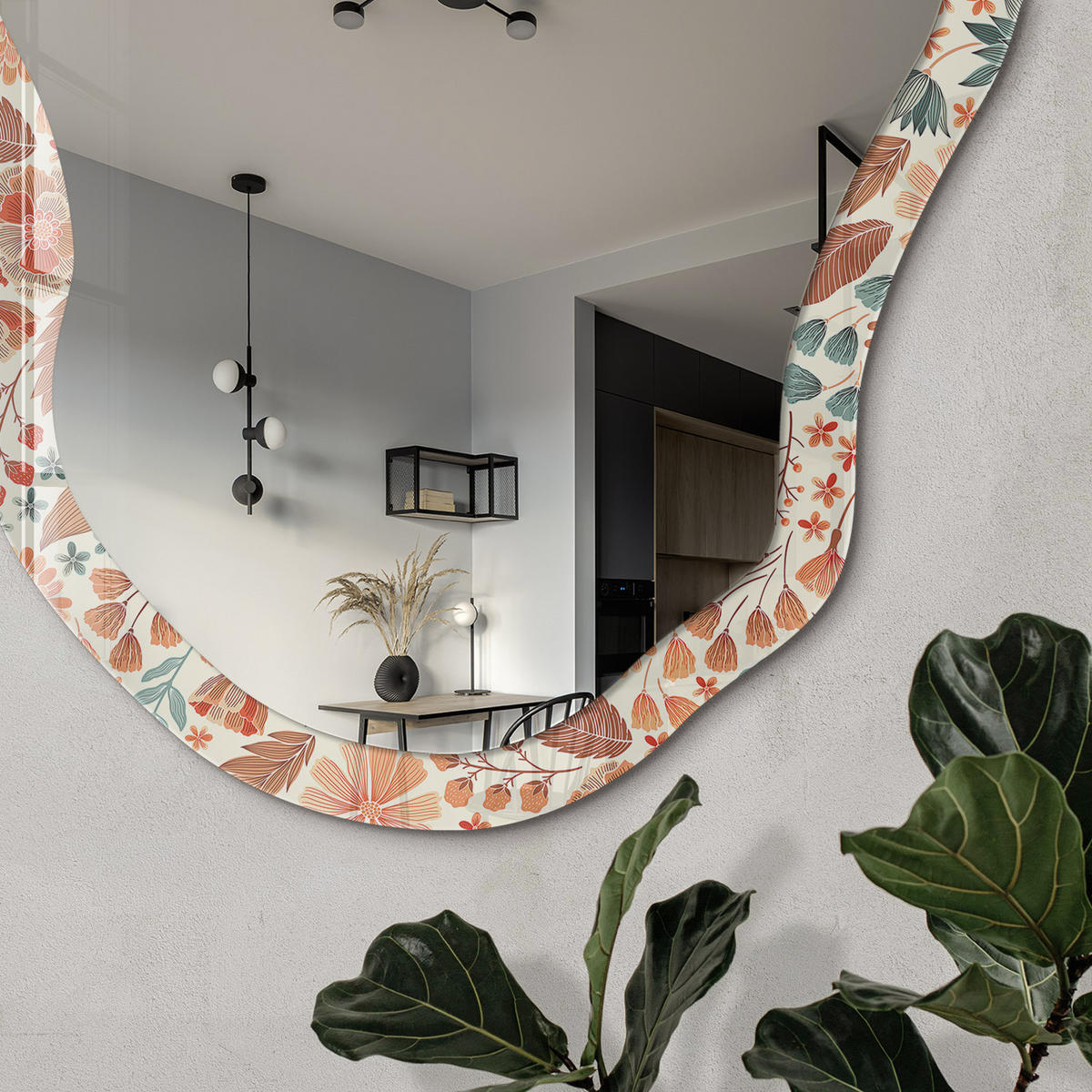 SPIEGEL 90x45 cm asymmetrisch mit Druck - Blumenmuster - Transparent, Glas (45/90/0.4cm) - TULUP