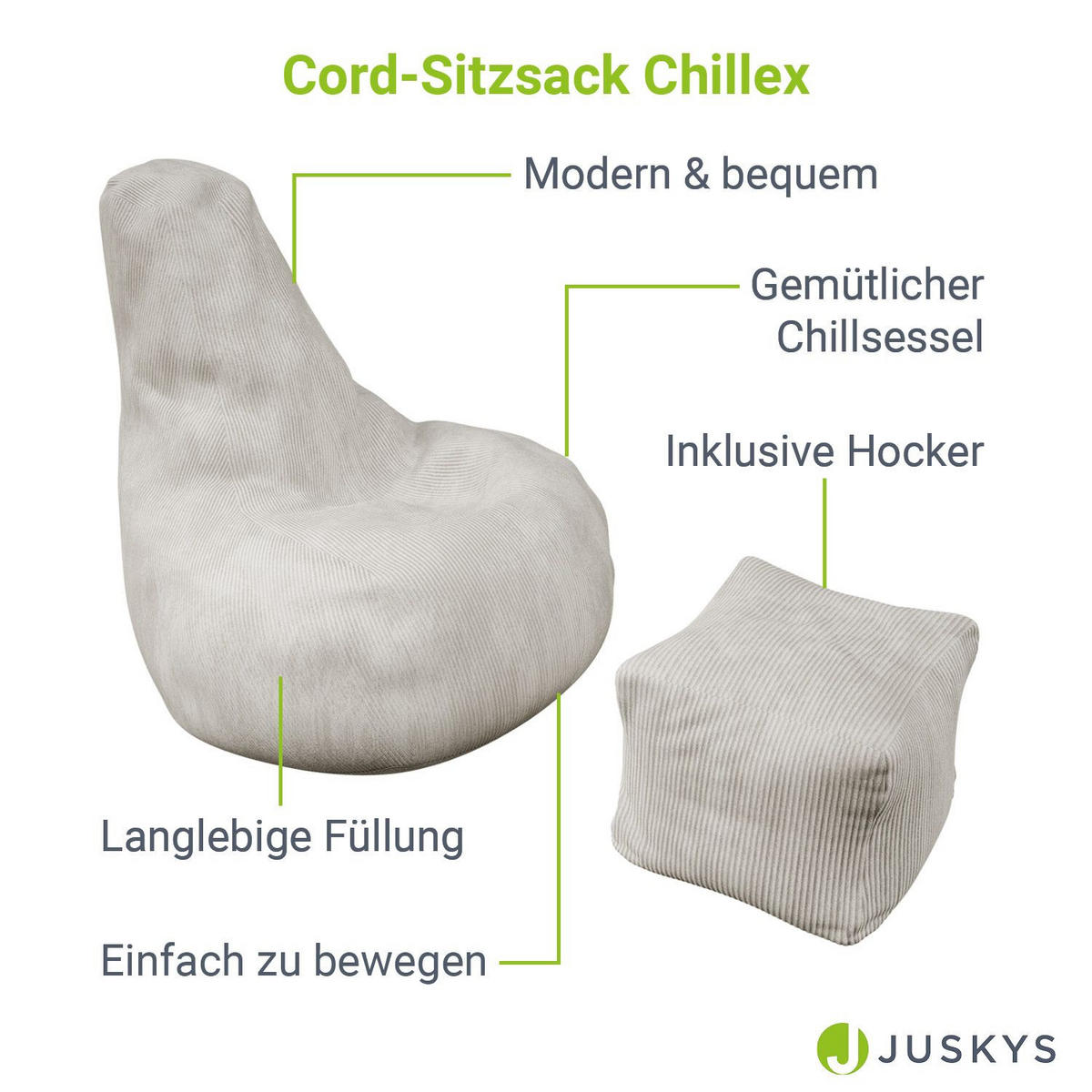 SITZSACK Chillex mit Hocker XL Cord beige - Beige, Textil (83/103/78cm) - Juskys