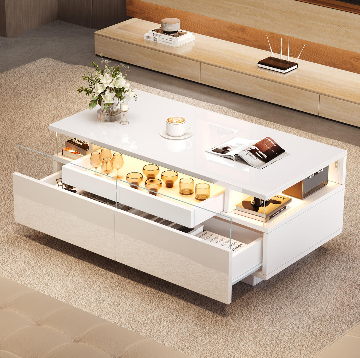 COUCHTISCH 90/45/35,5 cm mit LED-Beleuchtung, herausnehmbarem Tablett und 2 Schubladen, Hochglanz mit Hartglas, Weiß - Weiß, Holzwerkstoff (90/45/35.5cm) - Redom