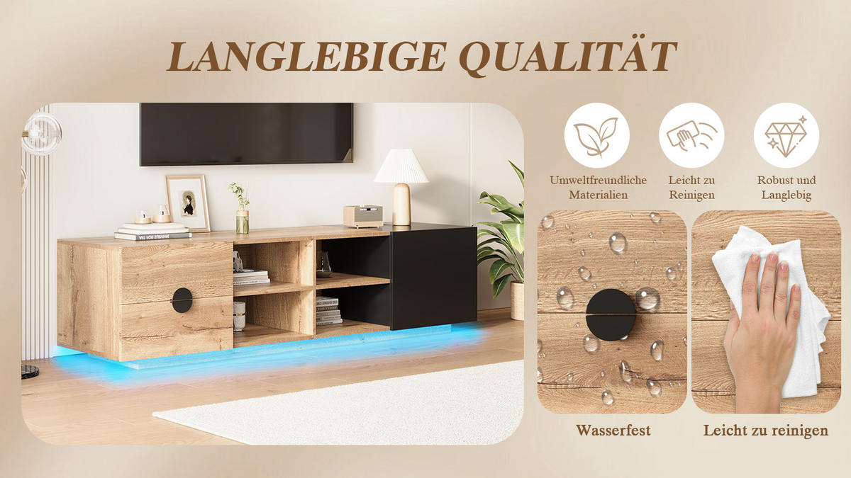 LOWBOARD Naturfarben/Schwarz 180/38.5/47 cm - Schwarz, Holzwerkstoff (180/47/38.5cm) - PANGIVO