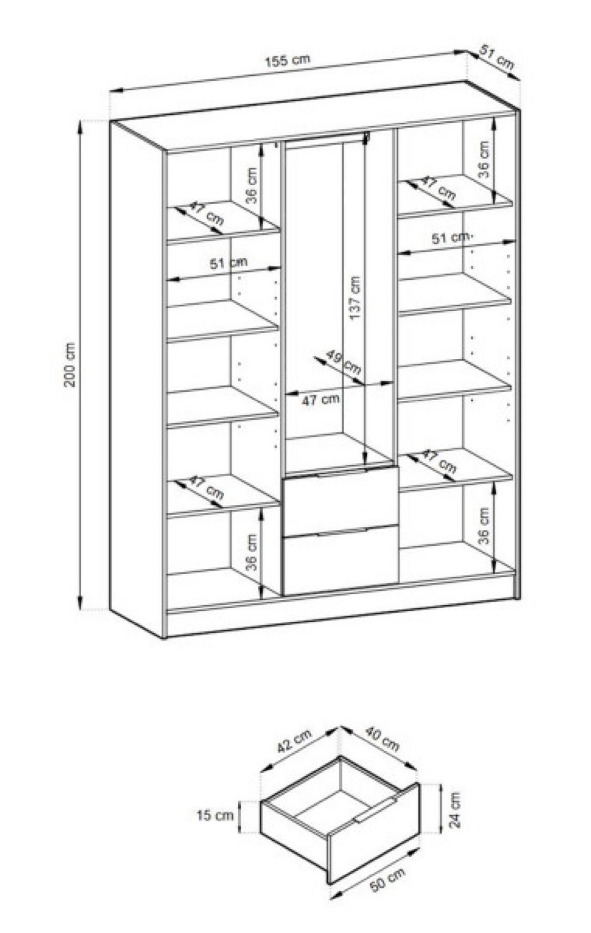 SCHRANK Grafit KELLY Mit Lamellen Und Spiegel 155 cm - Transparent/Graphitfarben, Holzwerkstoff (155/200/51cm) - Sepro Meble
