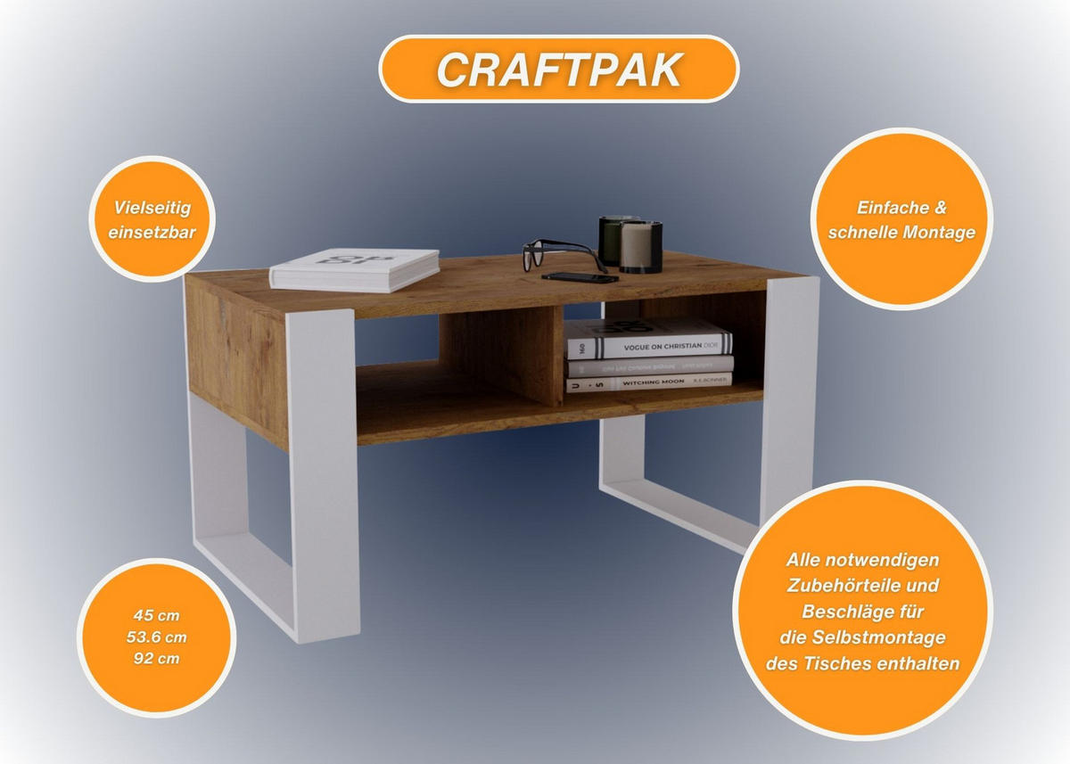 COUCHTISCH Holzwerkstoff rechteckig stabil Nussbaumfarben 45/53,6/92cm - Nussbaumfarben/Weiß, Holzwerkstoff (53.6/92/45cm) - CraftPAK