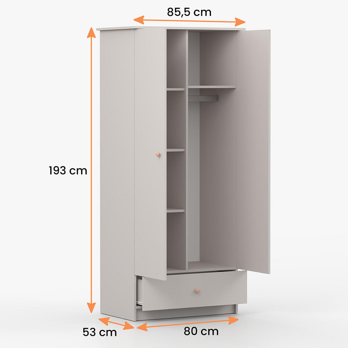 DREHTÜRENSCHRANK 85,5/193/53 cm 2-türig Olaf II Kaschmir + rosa Griffe - Kaschmir/Rosa, Holzwerkstoff/Metall (85.5/193/53cm) - imoebel24