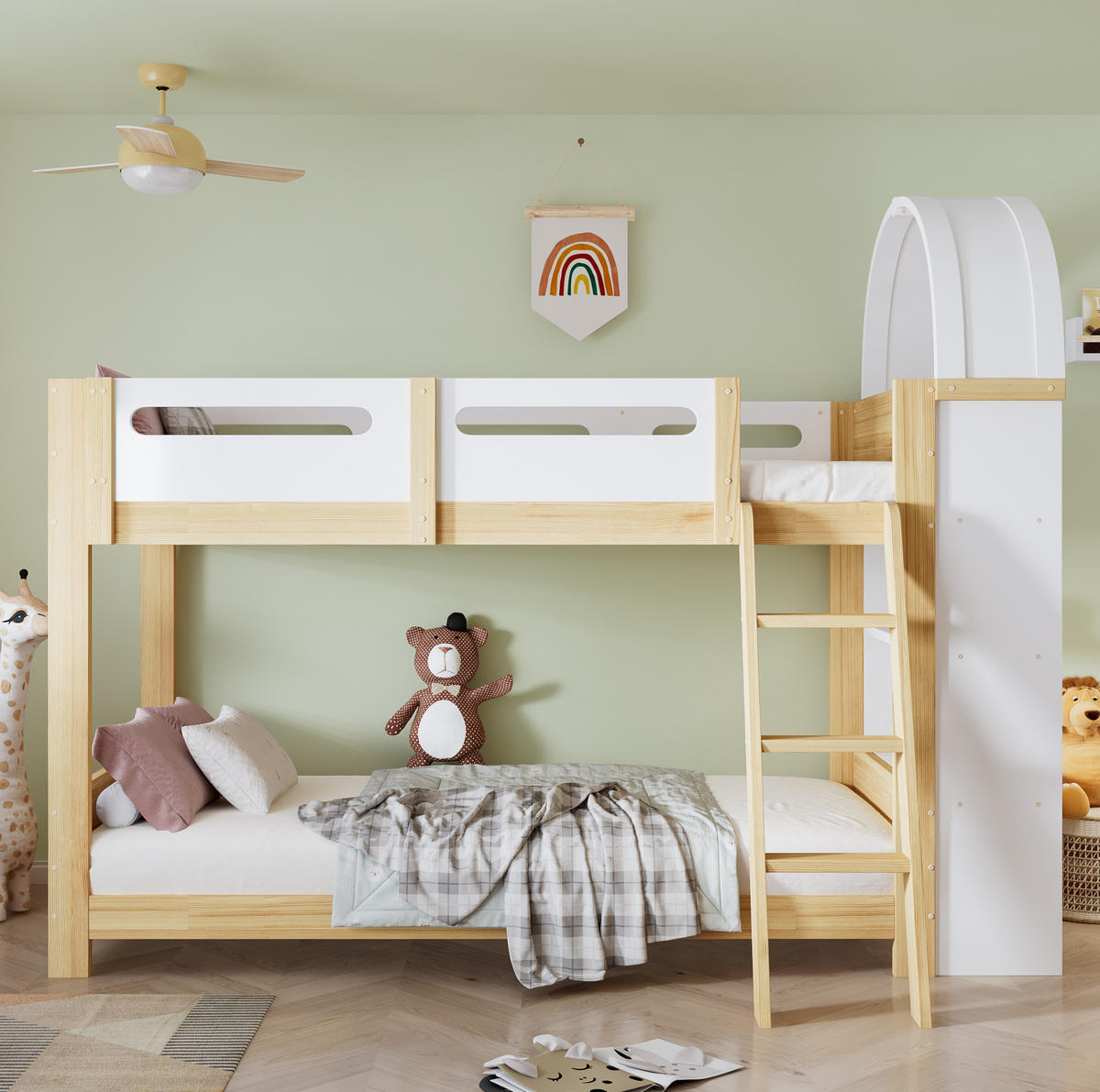 ETAGENBETT aus Kiefer und MDF 90x200 cm Weiß/Natur mit 3-stufigem Regal, Trittleiter und Bettgitter - Naturfarben, Holzwerkstoff (90/200cm) - Modfu