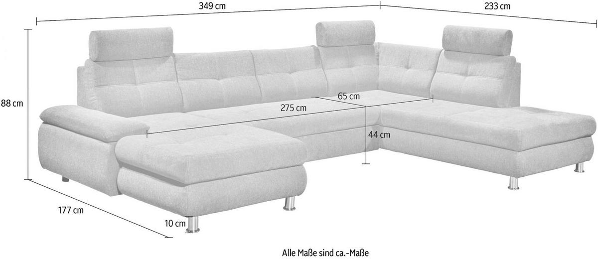 WOHNLANDSCHAFT mit Schlaffunktion, Bettkasten und verstellbaren Arm- und Kopflehnen - Chromfarben/Anthrazit, Textil/Metall (349/88/233cm) - ed exciting design