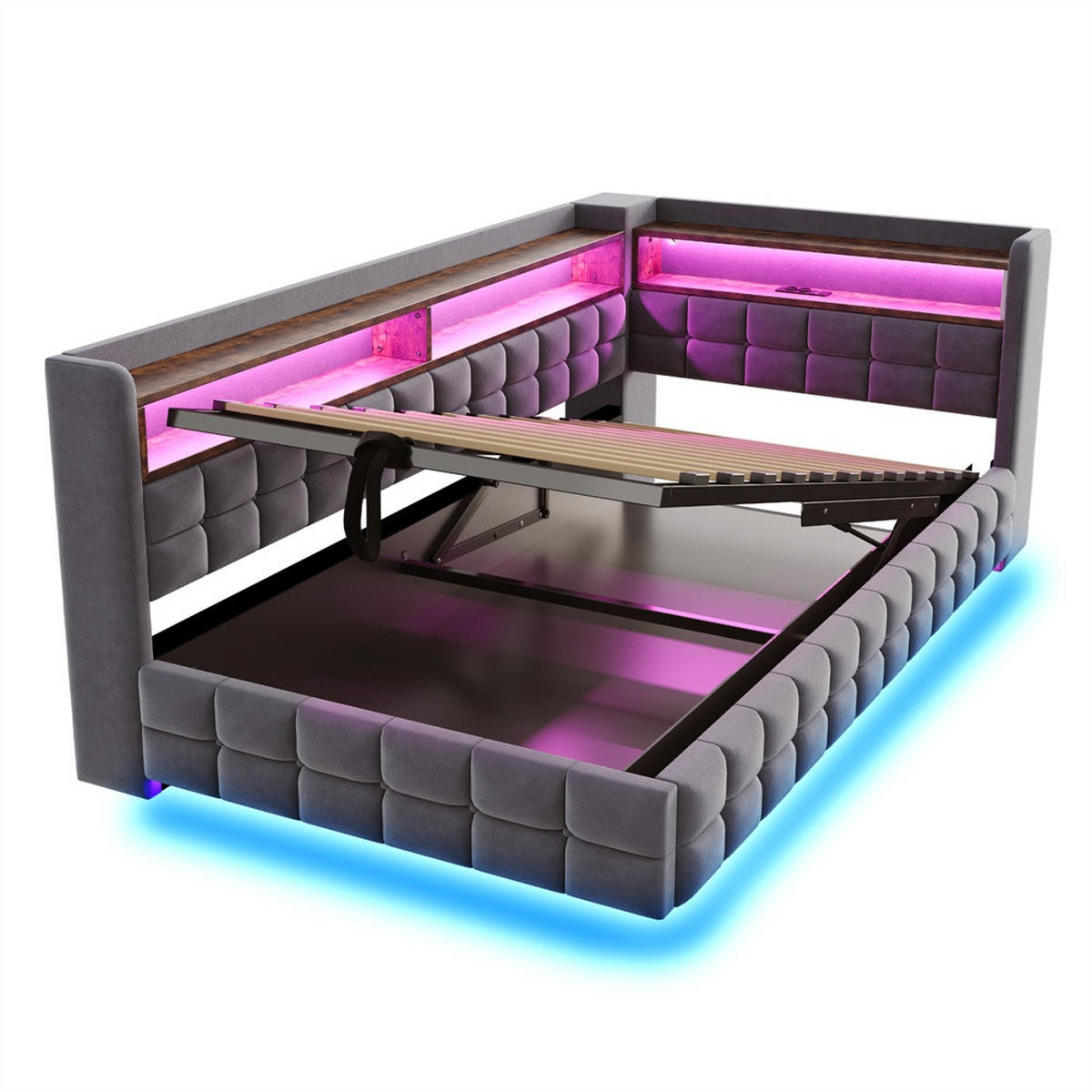 POLSTERBETT 90x200 cm mit hydraulischem Stauraum und Regal - LED Beleuchtung - USB & Typ-C - Grau - ohne Matratze - Grau, Textil (90/200cm) - DELFA