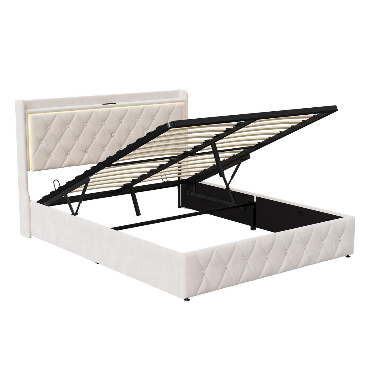 POLSTERBETT 140x200 cm, Beige, mit LED-Beleuchtung & USB-Aufladung - Beige, Textil/Metall (140/200cm)