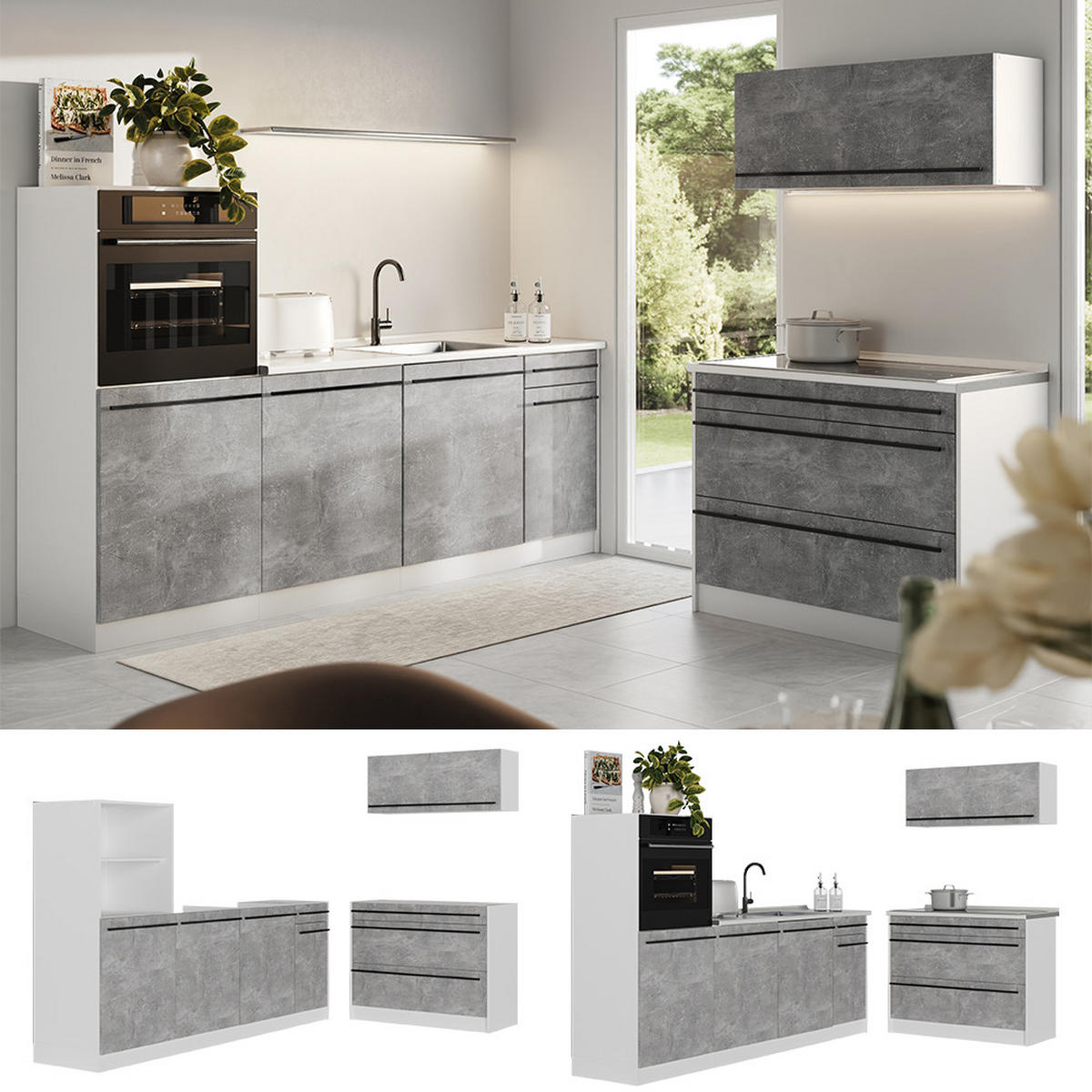 KUCHYNSKÝ KÚT R-Line, betón/biely, 220 cm antrasiitti työtaso - sivá/biela, kompozitné drevo (220/143/60cm) - Vicco
