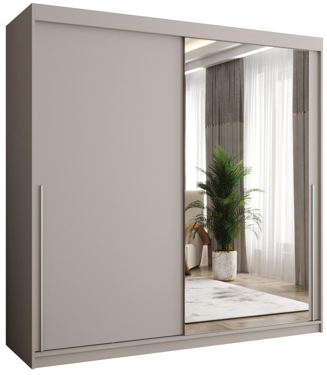 SCHWEBETÜRENSCHRANK mit Spiegel 200 cm Breite Kaschmir mit silbernem Griff - Kaschmir/Silberfarben, Holzwerkstoff (250/200/62cm) - Home Collective