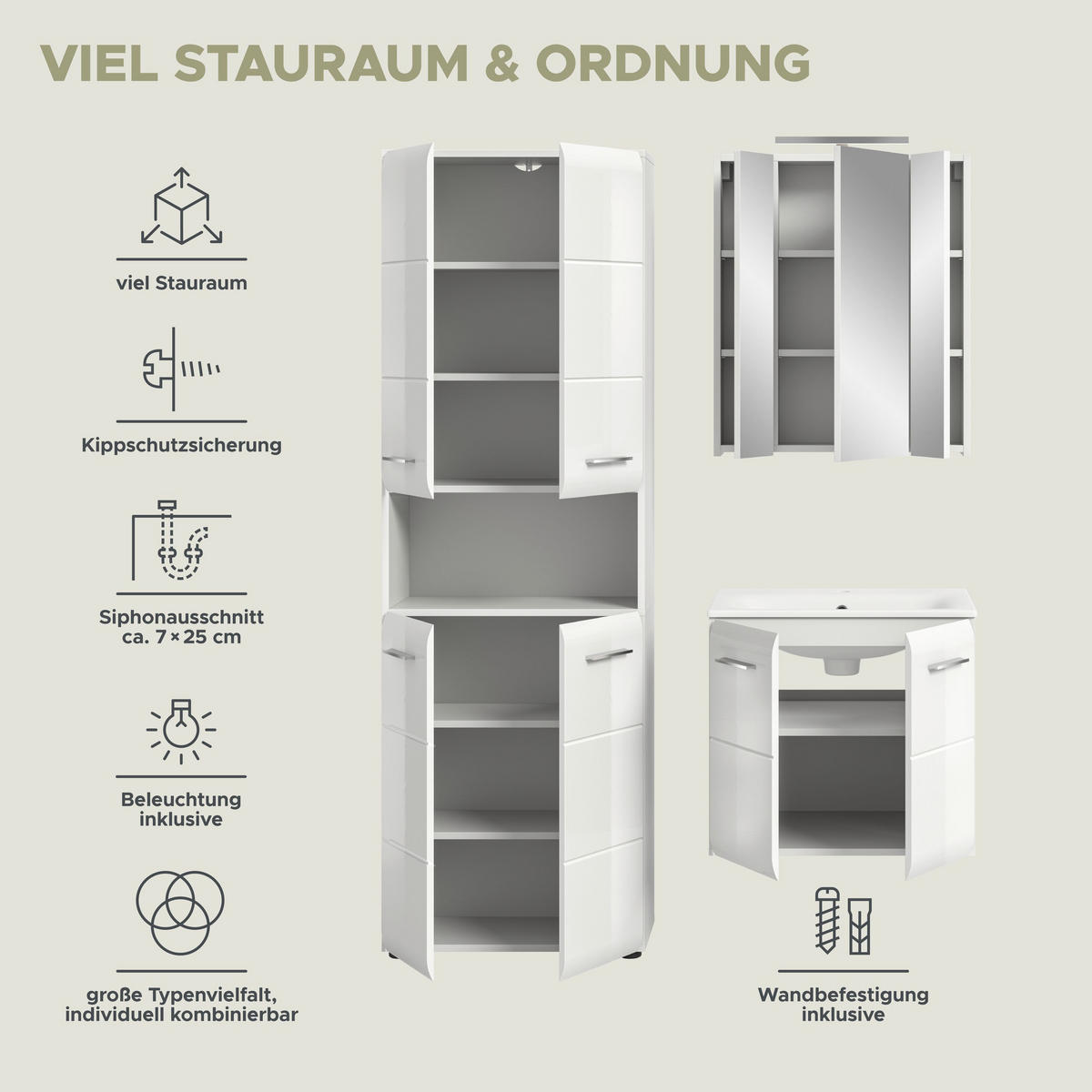 BADKOMBINATION Ice inkl. Beleuchtung 135x185x46 cm weiß Hochglanz MDF 3tlg. - Weiß, Holz (135/185/46cm)