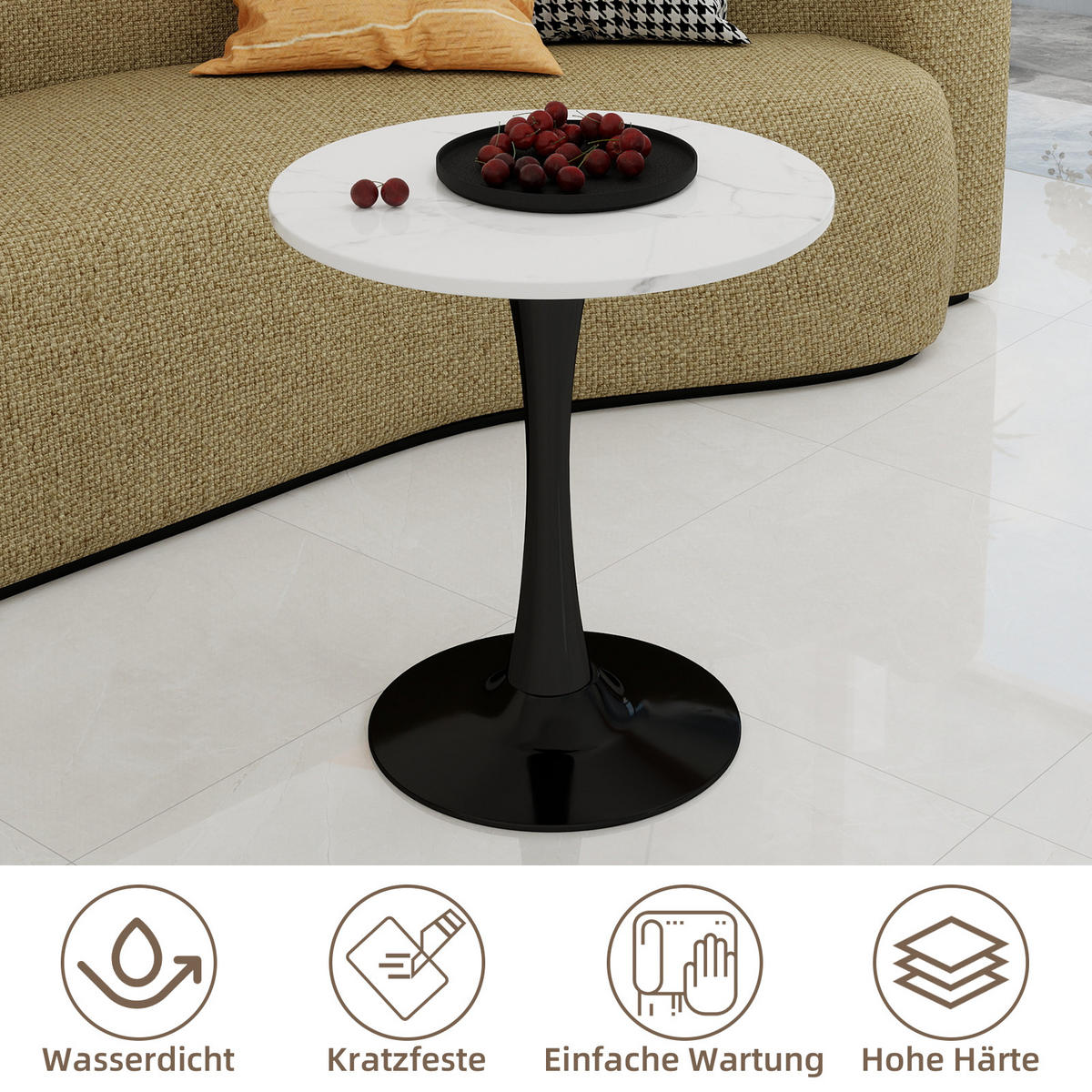 COUCHTISCH rund 70/70/72 cm Schwarz Weiß aus Kunstmarmor - Weiß, Stein (70/70/72cm) - OKWISH