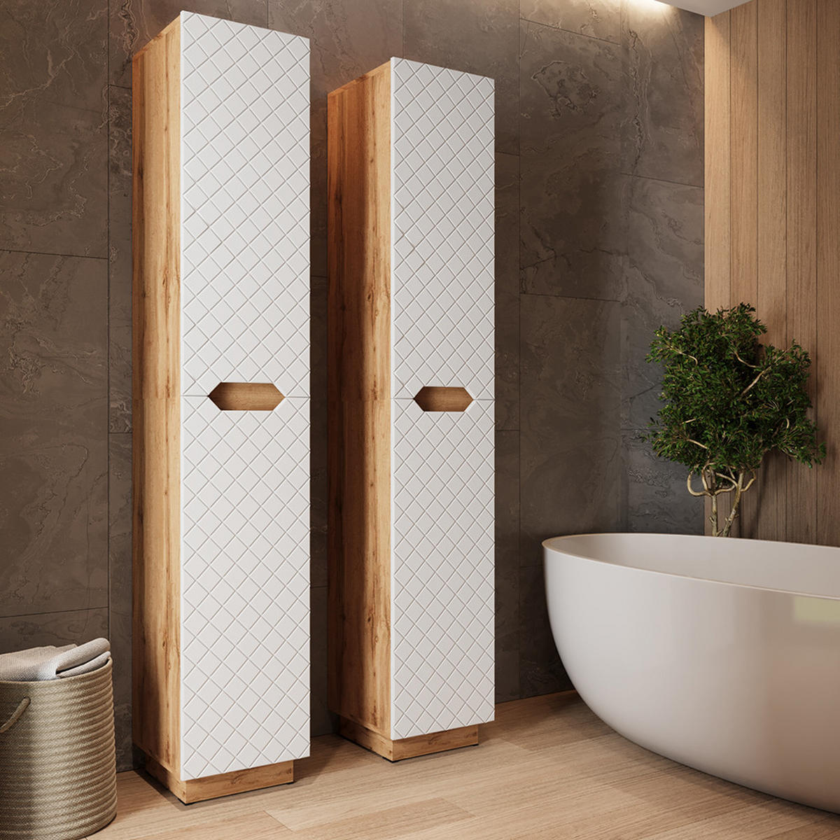 KOUPELNOVÁ SKŘÍŇKA Lotta Dub/bílá se strukturou dlaždic - bílá/barva dubu, kompozitní dřevo (33/186/35cm) - Vicco