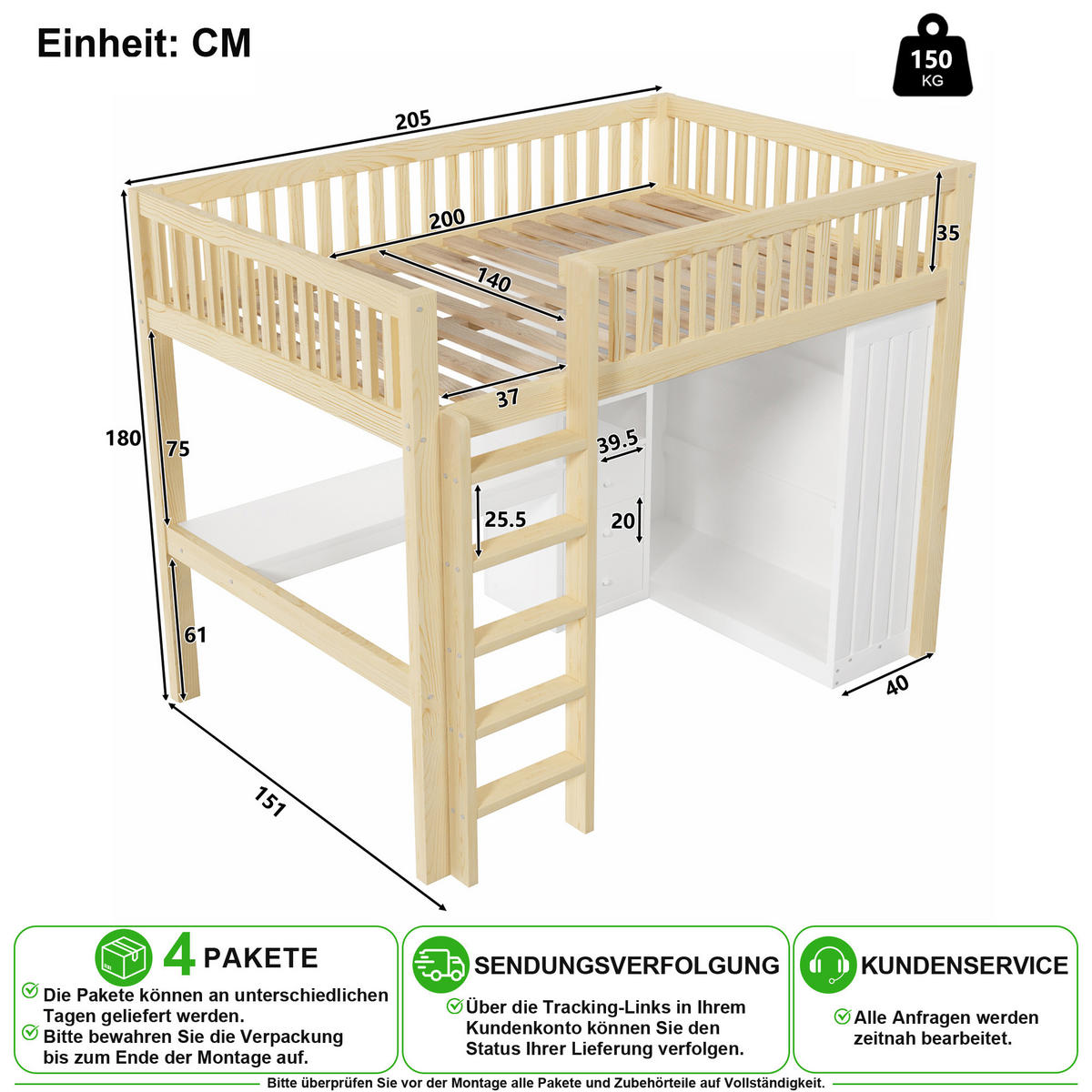 HOCHBETT 140/200 cm in Natur mit Schreibtisch, Kleiderschrank und 3 Schubladen - Naturfarben, Holz/Holzwerkstoff (140/200cm) - CHICFURN