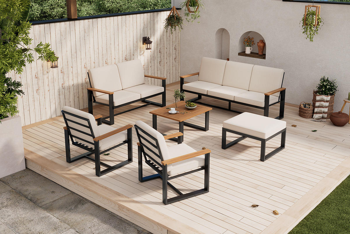 GARTENMÖBEL-SET mit 3-Sitzer, 2-Sitzer, 2 Sesseln, Couchtisch und Hocker, Akazienholz und verzinkter Stahl, Beige - Beige, Metall - Redom