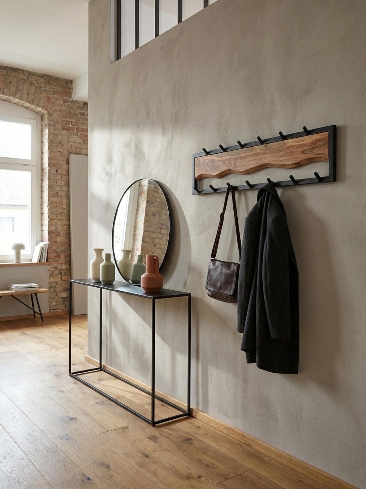 WANDGARDEROBE Akazie Massivholz Metall Modern 80x20x8 cm mit Wellenmuster - Akaziefarben, Holz (80/20/8cm) - KADIMA DESIGN