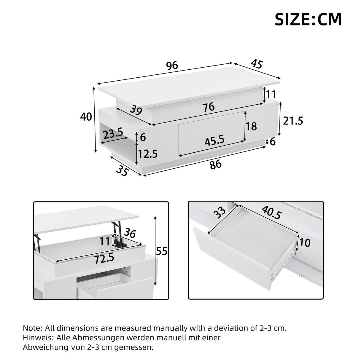 COUCHTISCH höhenverstellbar 96 x 45 x 40 cm Weiß mit LED - Weiß, Holzwerkstoff (96/45/40cm) - Meubliv