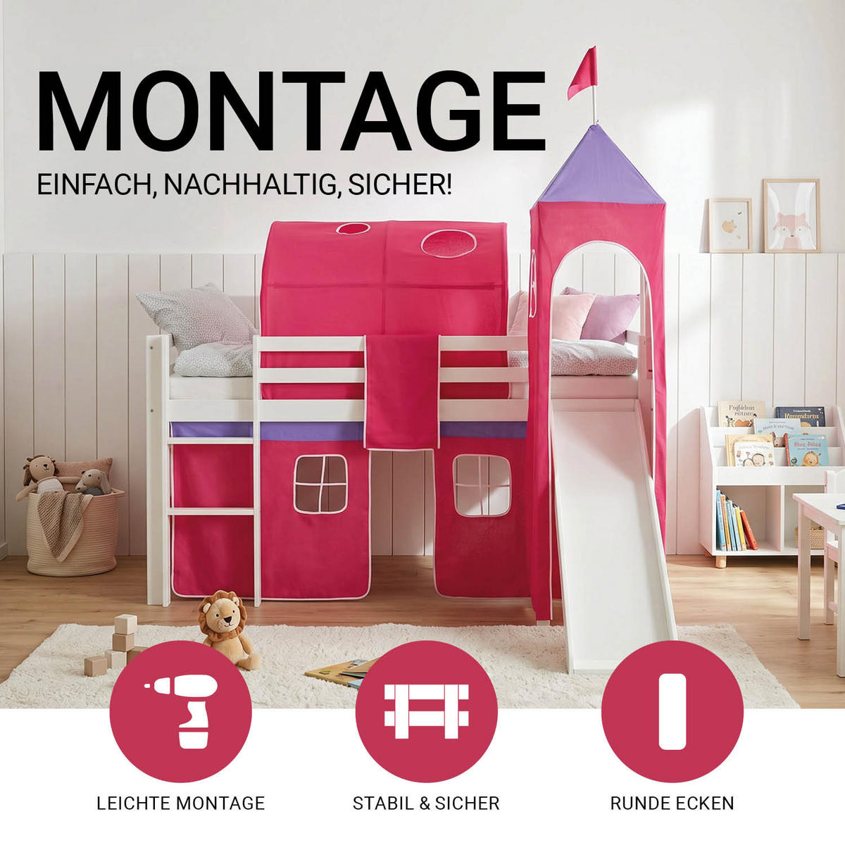 HOCHBETT 90/200 cm in Pink mit Lattenrost + Matratze - Pink/Weiß, Holz - Homestyle4u