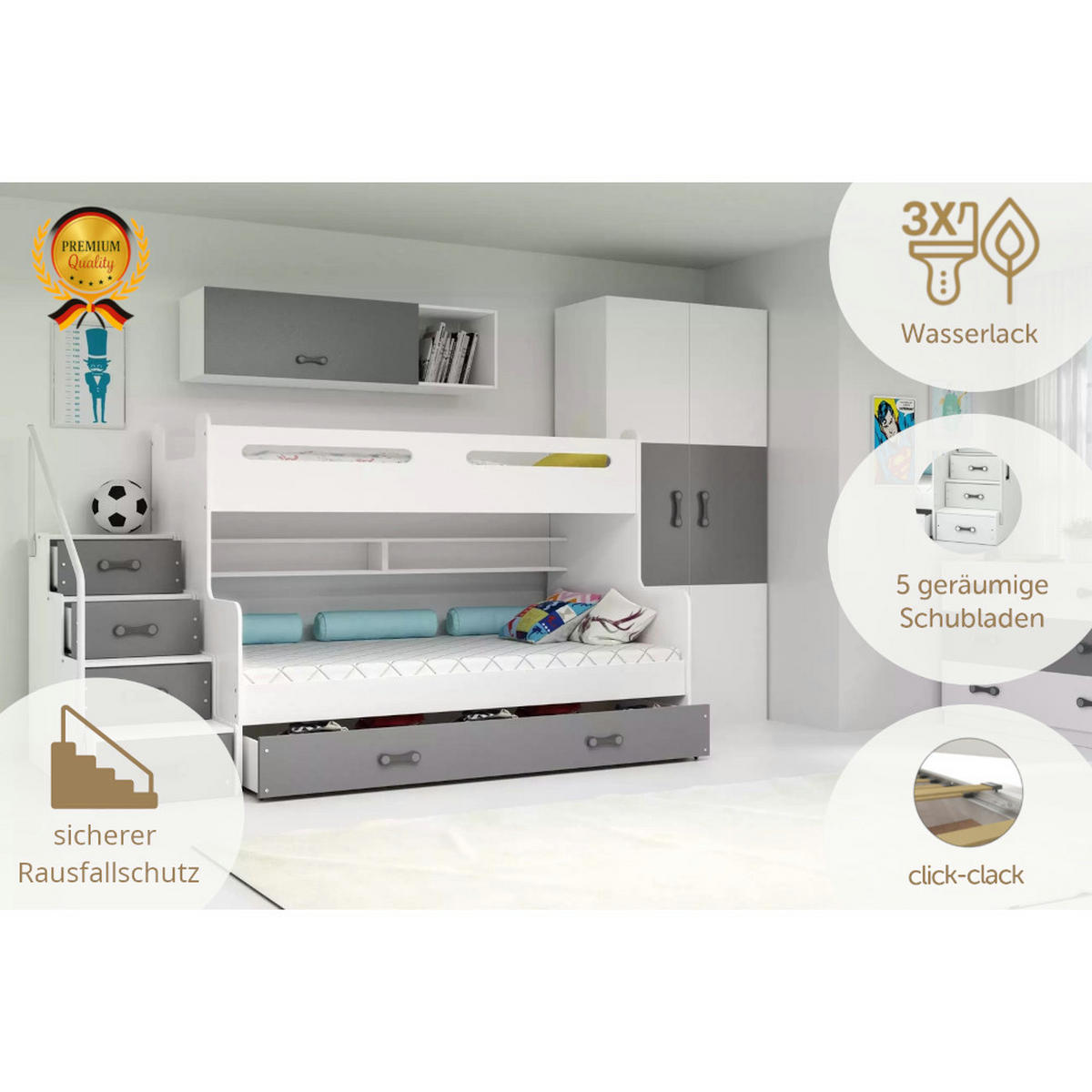 ETAGENBETT Max 3 200x80cm / 200x120cm mit Schublade und Lattenrost - Weiß/Grau, Holzwerkstoff (120/200cm) - Interbeds