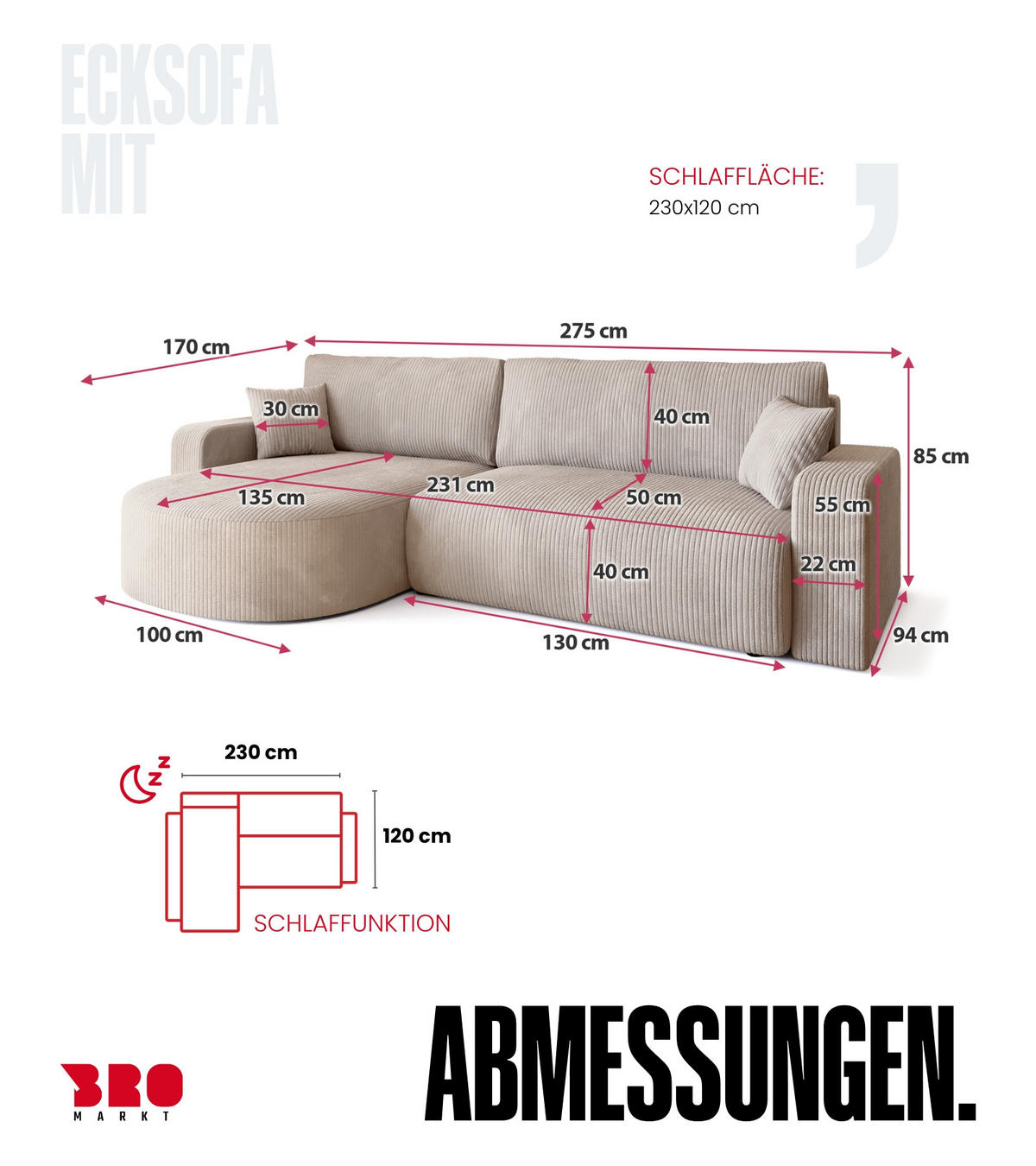 ECKSOFA Bisk mit Schlaffunktion Schwarz Cordstoff - Schwarz, Textil (275/170cm) - Bromarkt