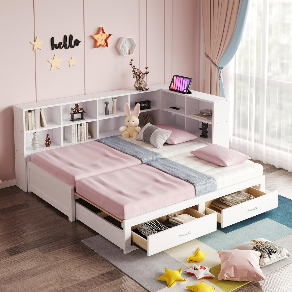 MULTIFUNKTIONSBETT 90/190 cm weiß aus Holz mit Ausziehbett Stauraum Steckdose - Weiß, Holzwerkstoff (90/190cm) - OKWISH