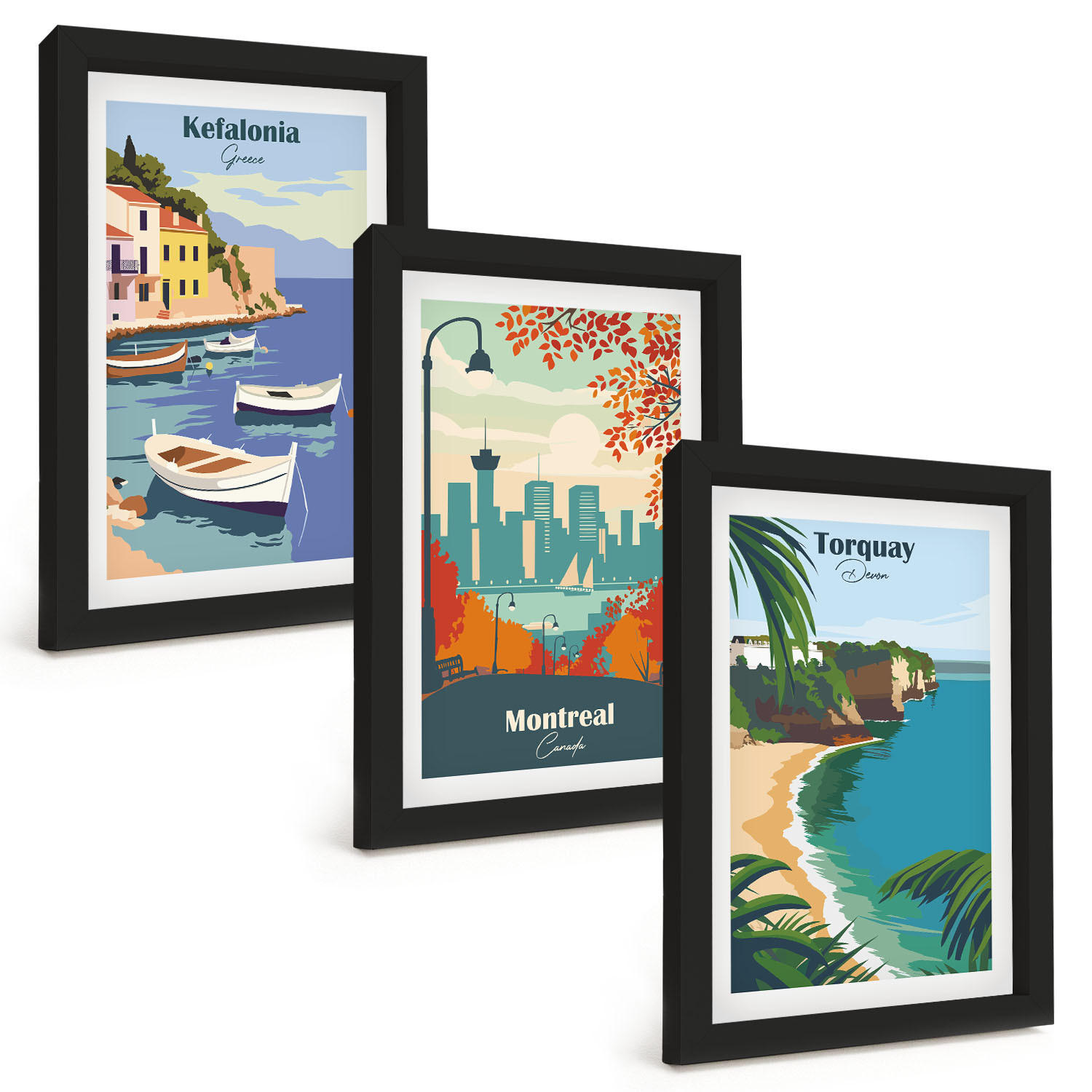 BILDER SET 3er Set - 20x30 cm Schwarzer Rahmen - Stadtansichten aus Griechenland, Kanada und Australien - Schwarz, Kunststoff (20/30cm) - TULUP