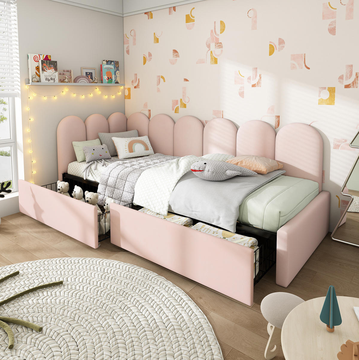 SAMT-POLSTERBETT 90/200 cm in Rosa mit 2 Schubladen und gepolstertem Kopfteil - Rosa, Textil (90/200cm) - BEAOK