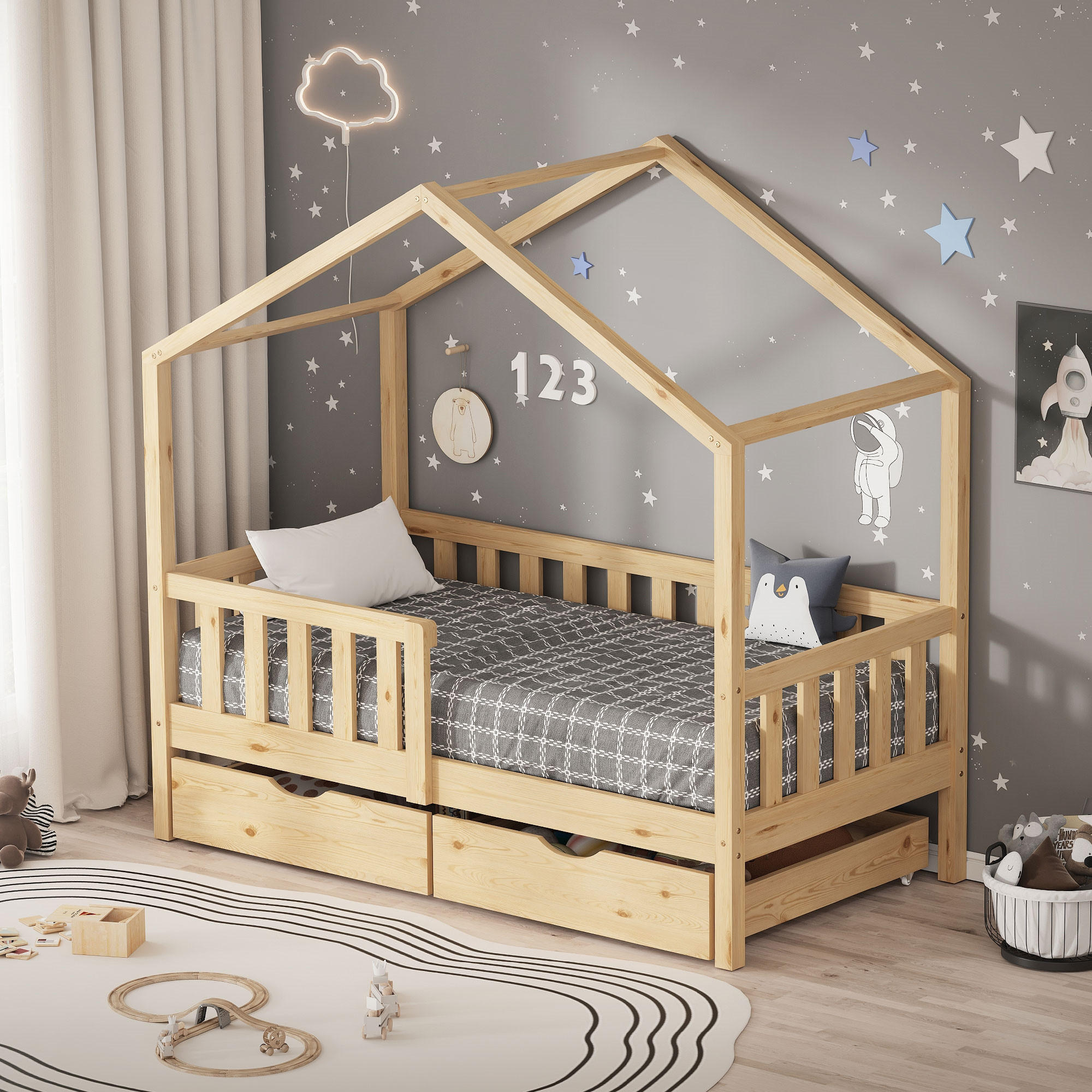HAUSBETT 70x140 cm Natur aus Kiefernholz mit 2 Schubladen und Rausfallschutz - Beige, Holz (70/140cm) - ML-DESIGN