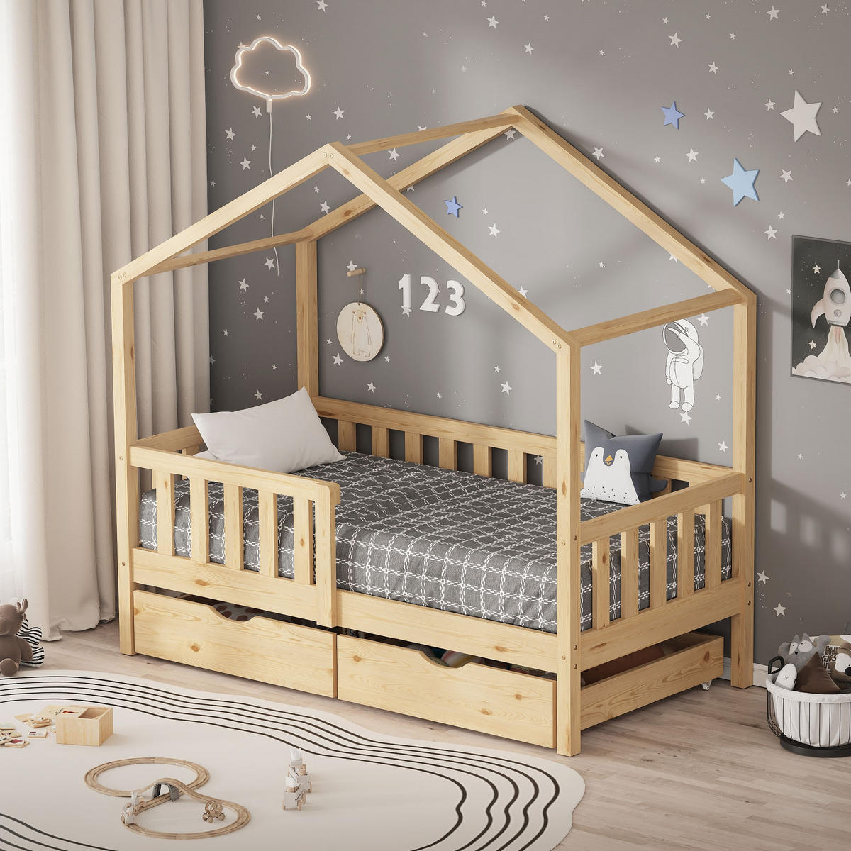 HAUSBETT 70x140 cm Natur aus Kiefernholz mit 2 Schubladen und Rausfallschutz - Beige, Holz (70/140cm) - ML-DESIGN