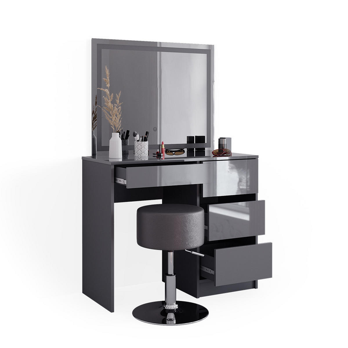 SCHMINKTISCH Sherry Anthrazit 90 cm mit LED Spiegel und Hocker - Anthrazit, Holzwerkstoff (90/75/40cm) - Vicco