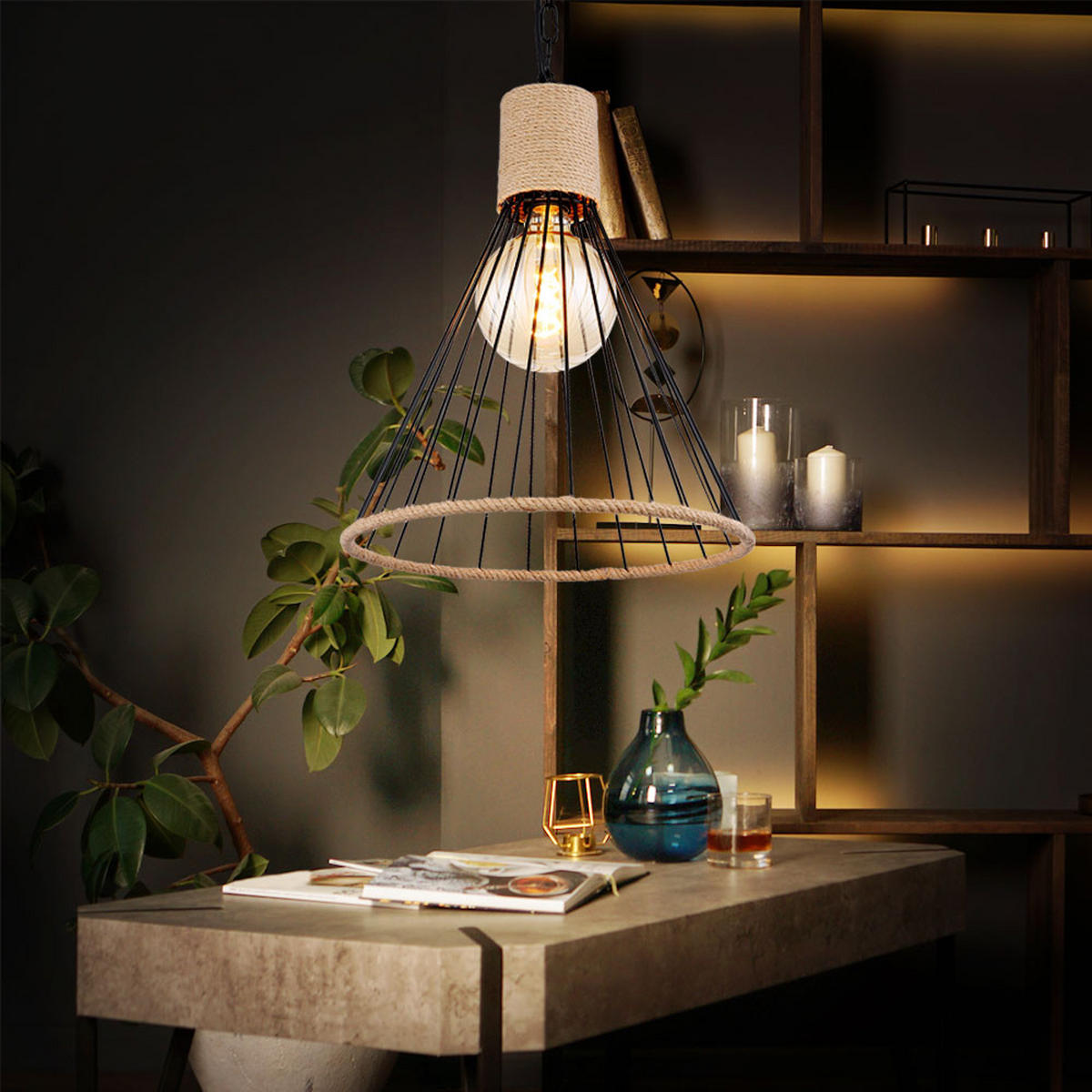 LED HÄNGELEUCHTE Hanfseil Schwarz - Schwarz, Metall (35/35/140cm) - Globo Lighting