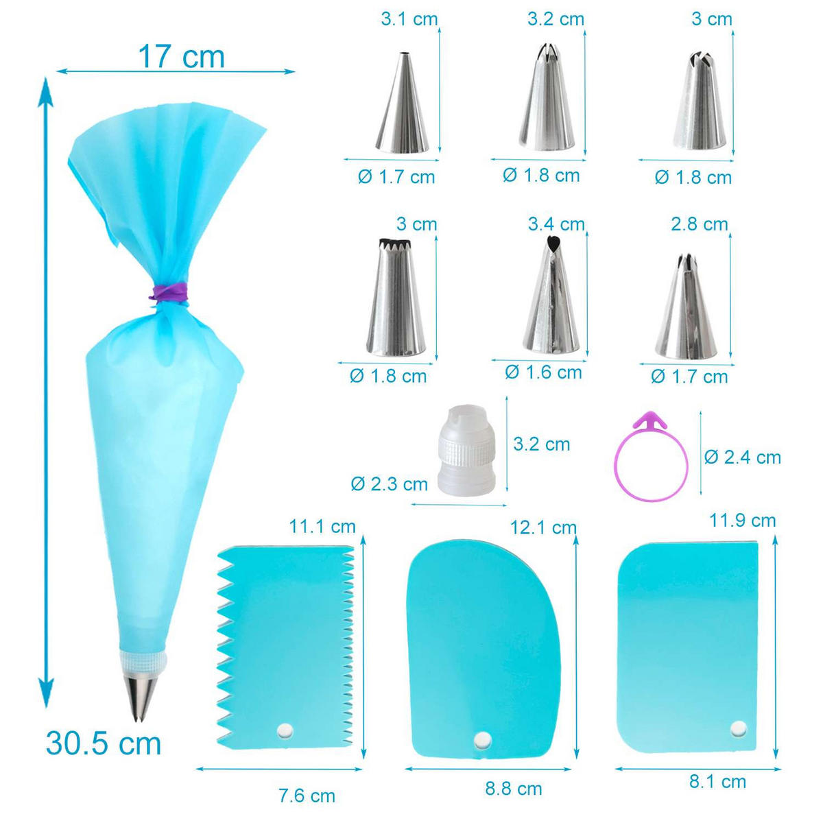 SPRITZBEUTEL Set aus Silikon mit Edelstahl Tüllen (15-tlg) - Blau, Kunststoff (17/1/30.5cm) - Intirilife