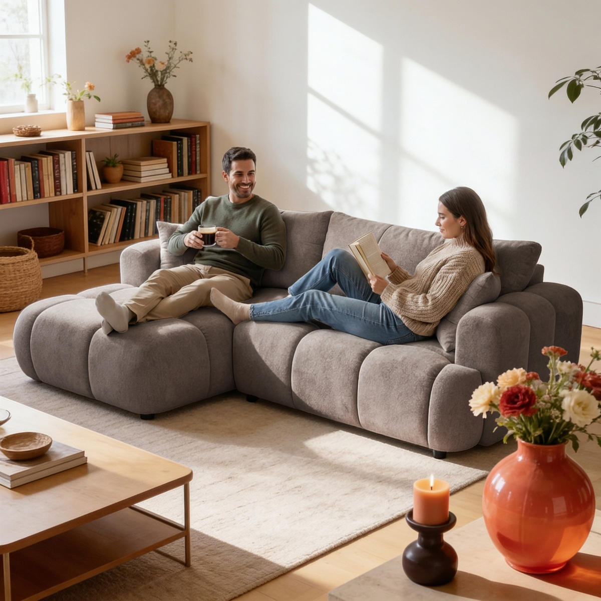 ECKSOFA CALM L Links mit Schlaffunktion 140x215 Webstoff beige - Beige/Schwarz, Holz/Kunststoff (261/151cm) - Muffo