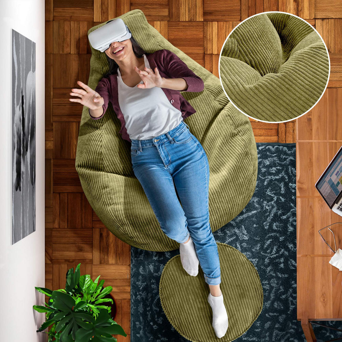 LOUNGE-SITZSACK Cozy + Fußhocker - Grün, Textil (80/90/90cm) - Green Bean
